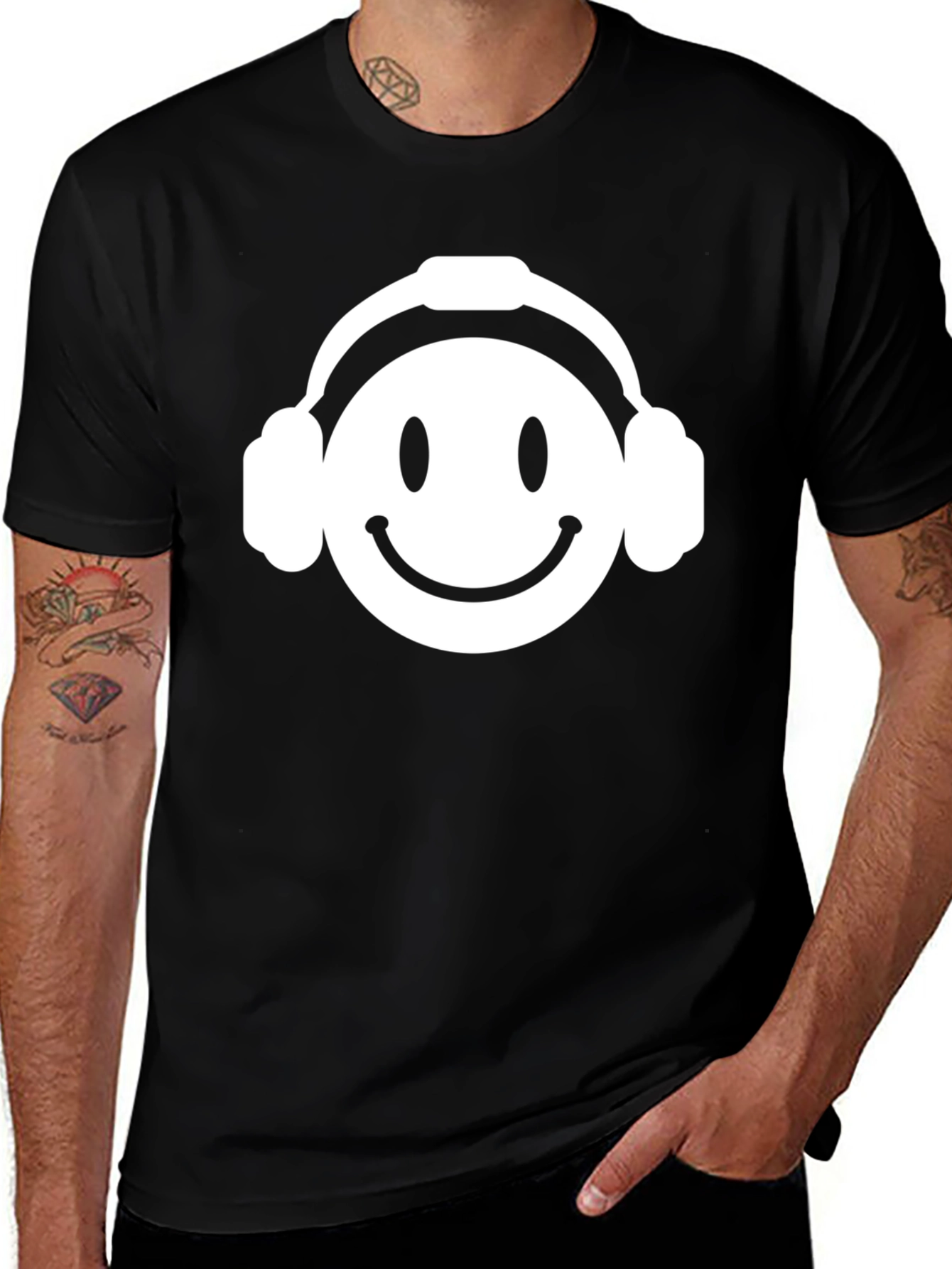 Smiley Face Headphones Black T-Shirt
