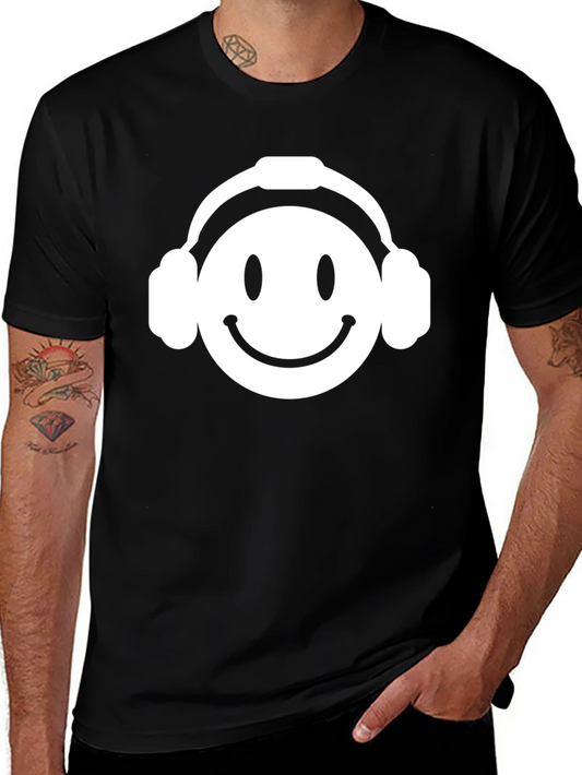 Smiley Face Headphones Black T-Shirt