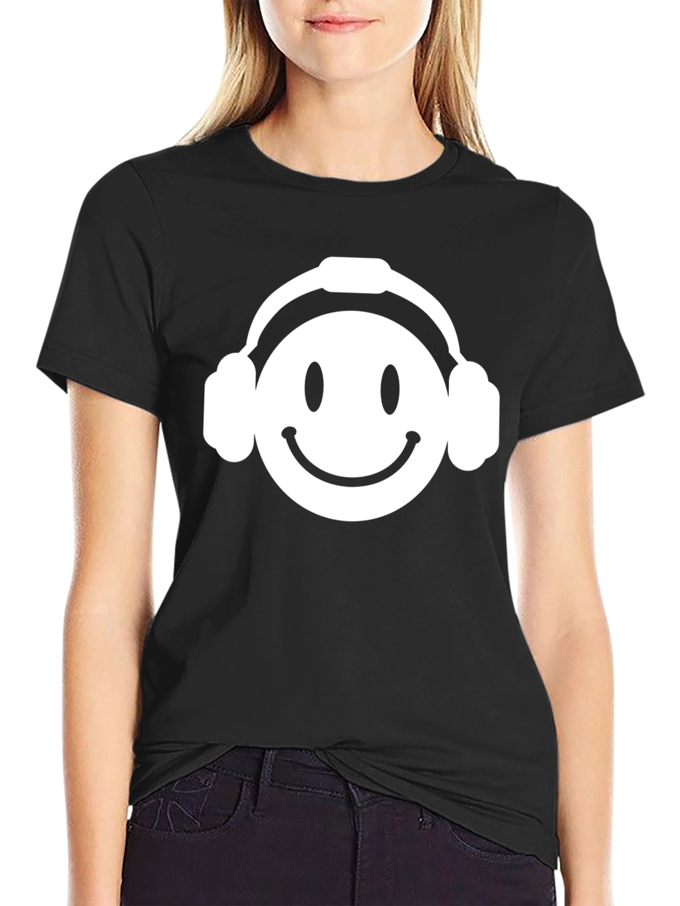 Smiley Face Headphones Black T-Shirt