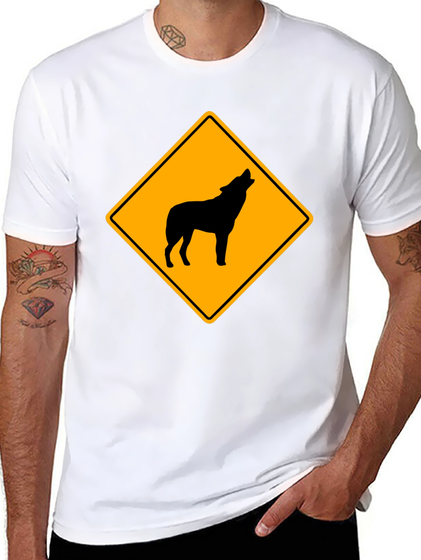 Wolf Crossing Sign Black T-Shirt