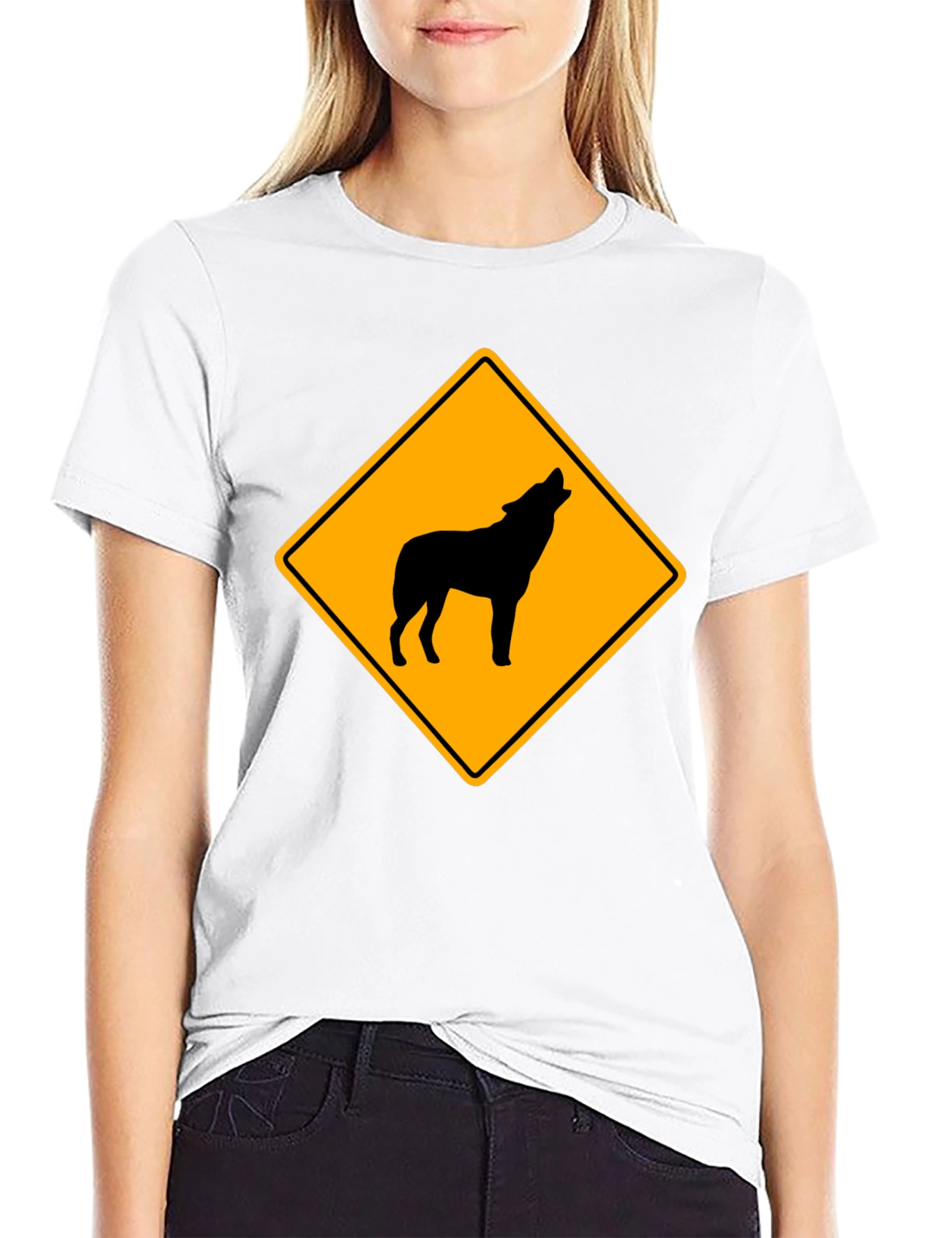 Wolf Crossing Sign Black T-Shirt