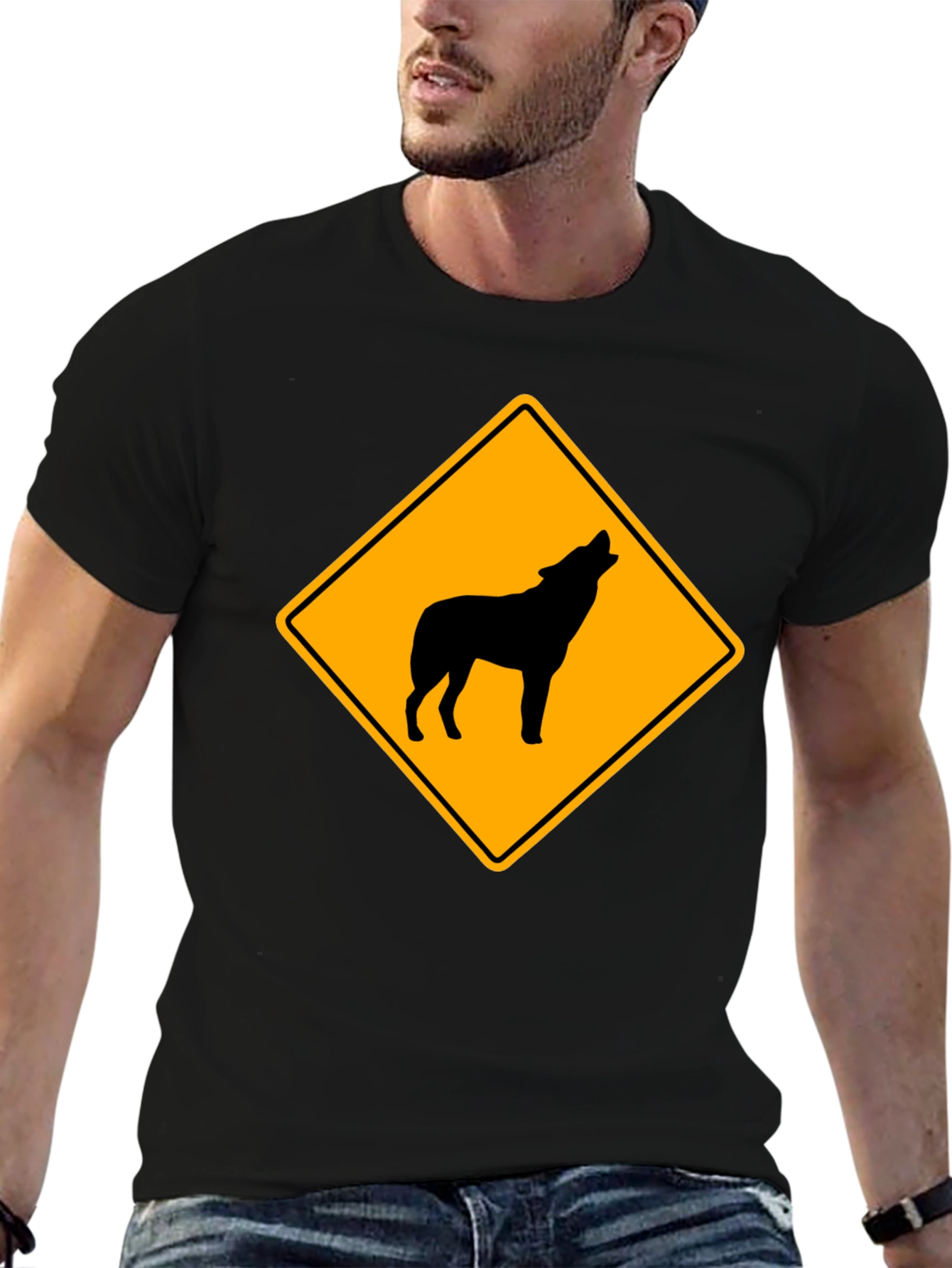 Wolf Crossing Sign Black T-Shirt