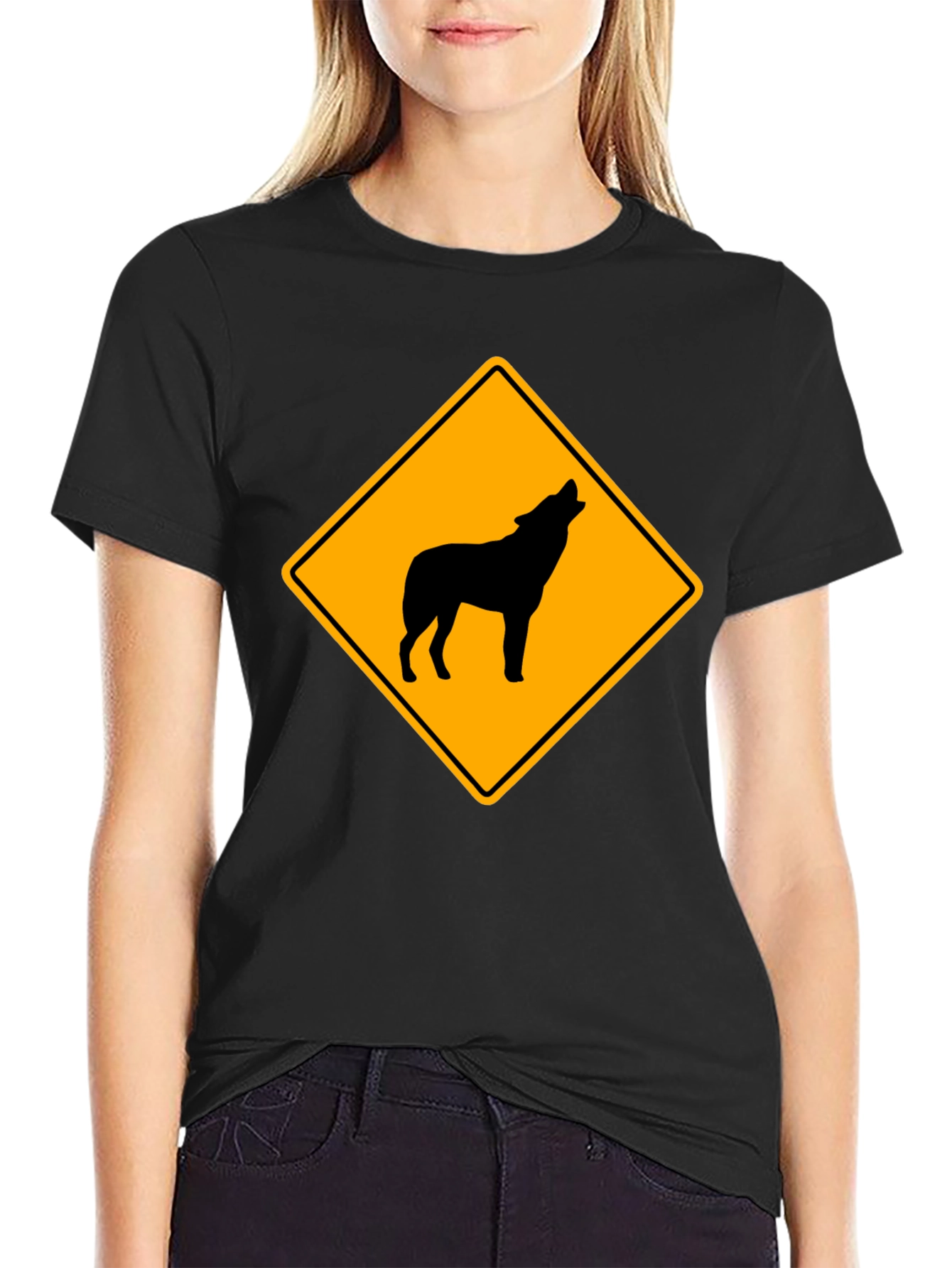 Wolf Crossing Sign Black T-Shirt