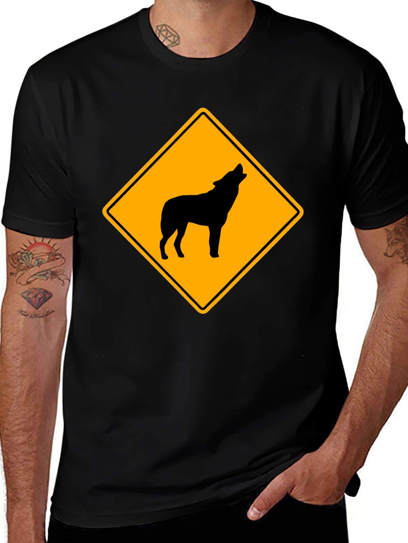 Wolf Crossing Sign Black T-Shirt