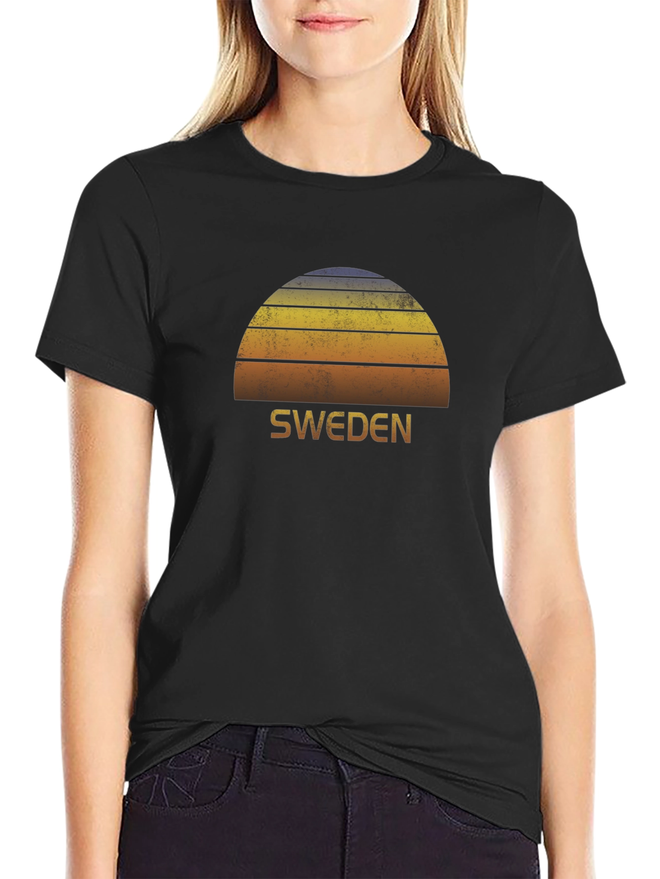 Retro Sweden Sunset Graphic T-Shirt - Black