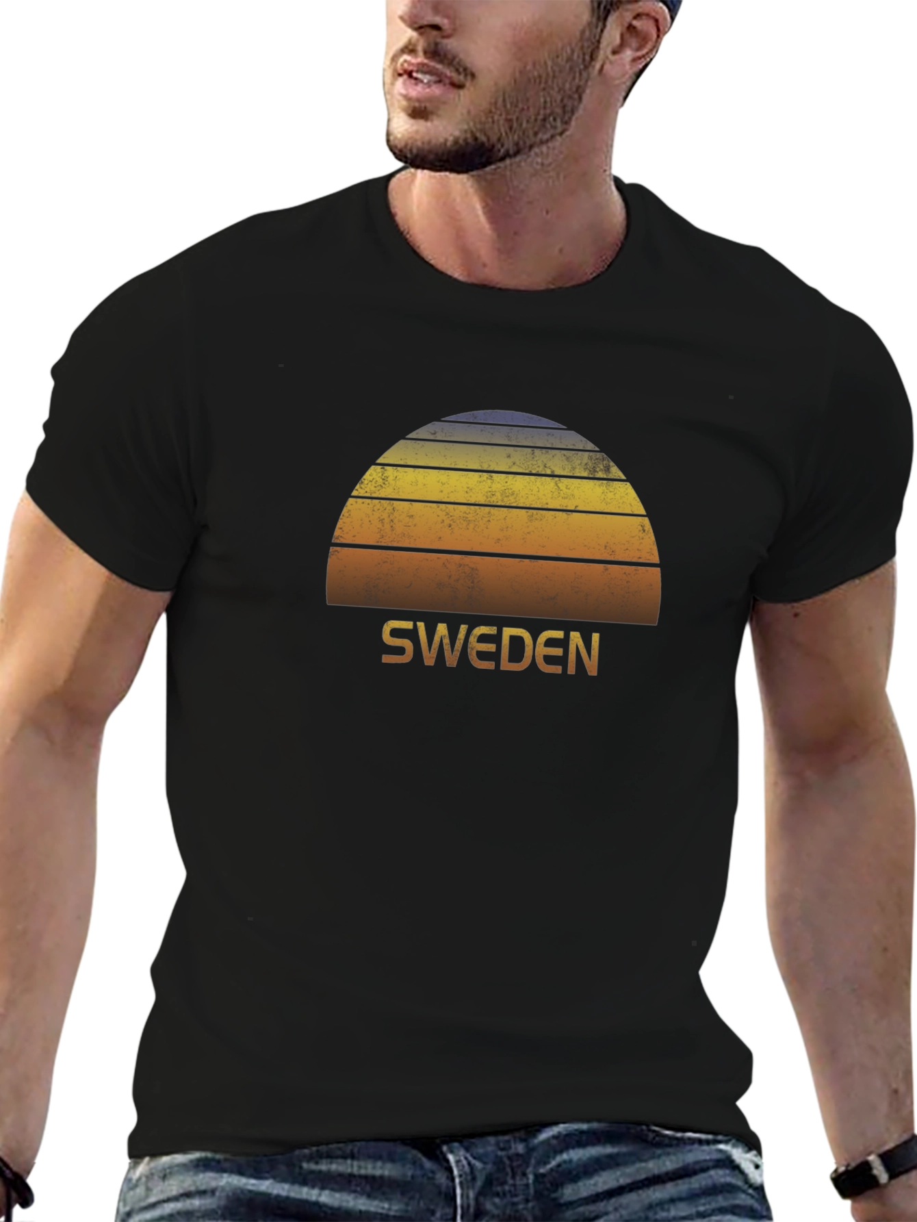 Retro Sweden Sunset Graphic T-Shirt - Black
