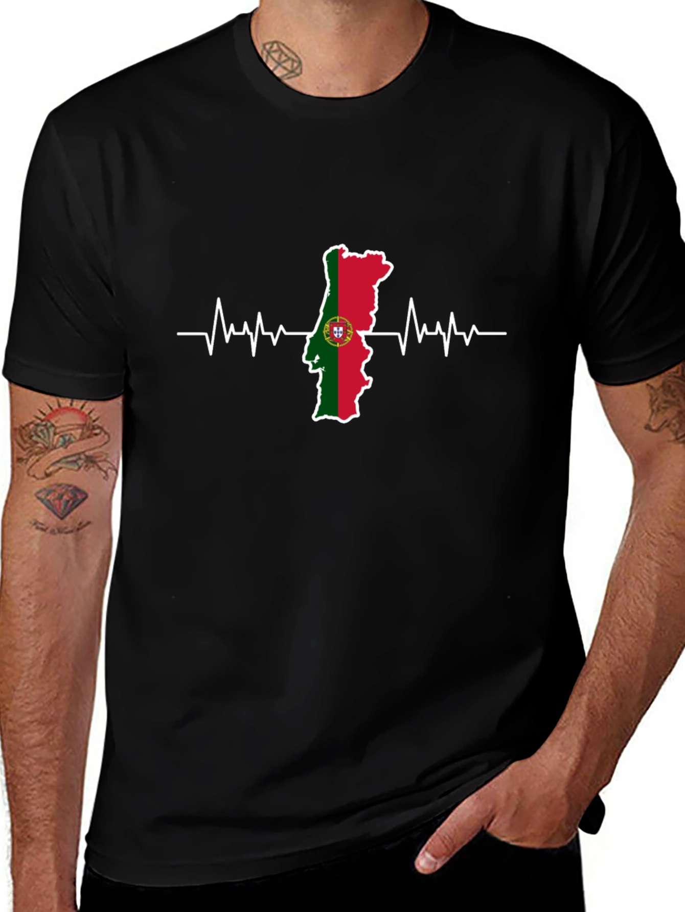 Portugal Flag Heartbeat Graphic Tee - Black
