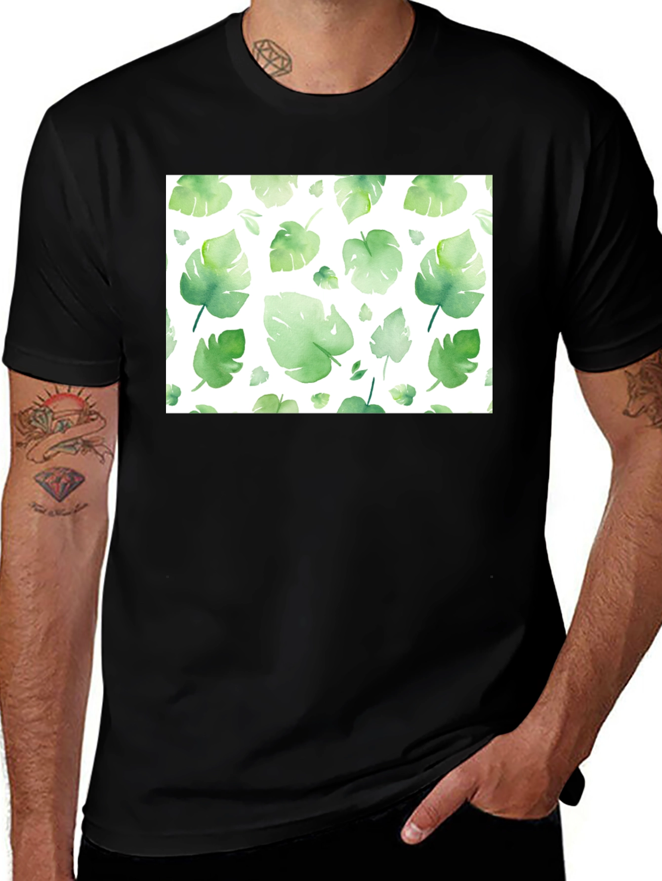 Tropical Leaf Print Black T-Shirt