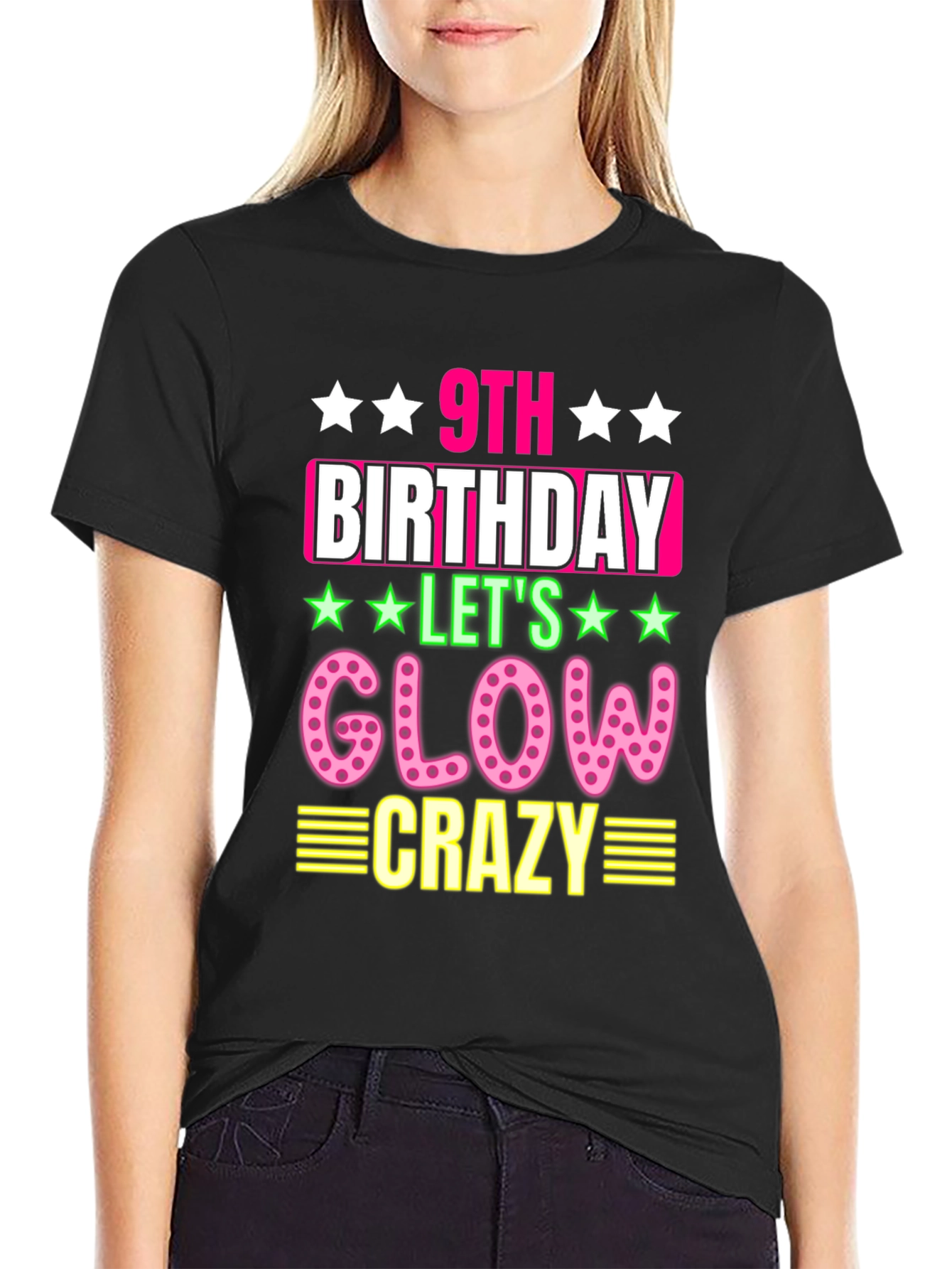 9th Birthday Glow Crazy Black T-Shirt