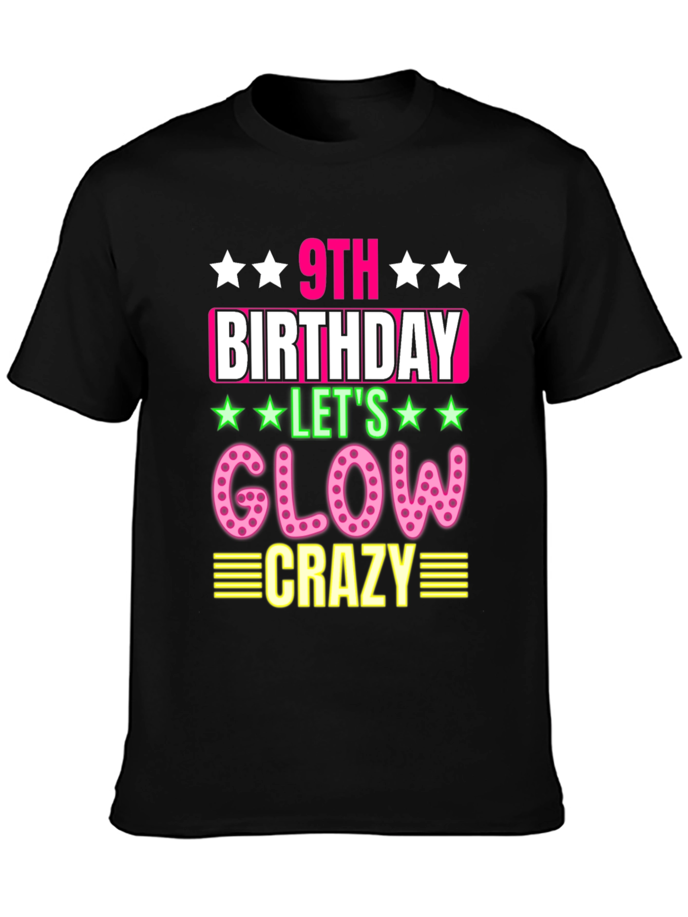 9th Birthday Glow Crazy Black T-Shirt