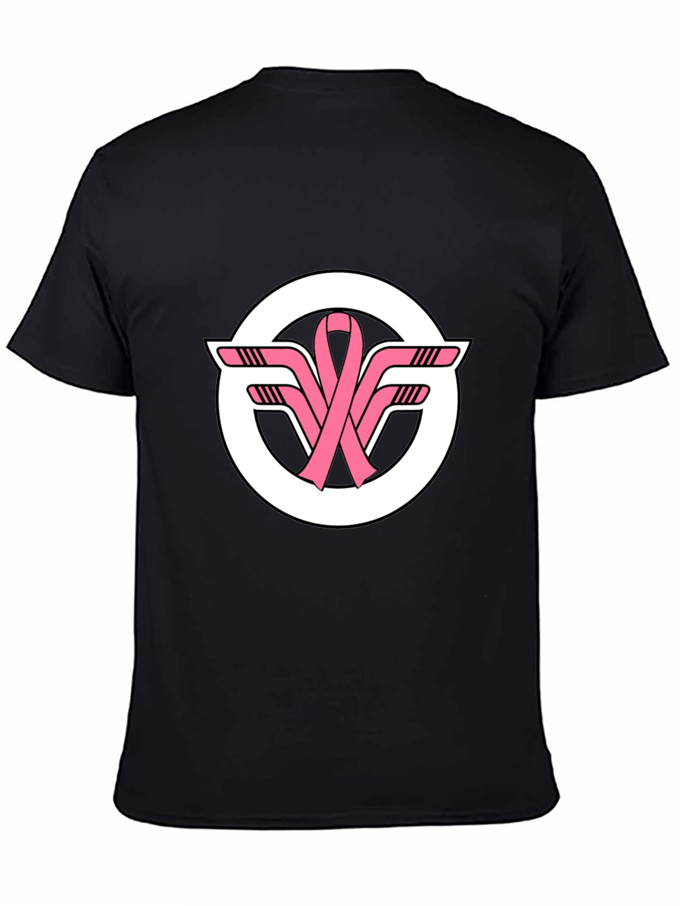 Black T-Shirt with Pink Ribbon Hockey Sticks Logo