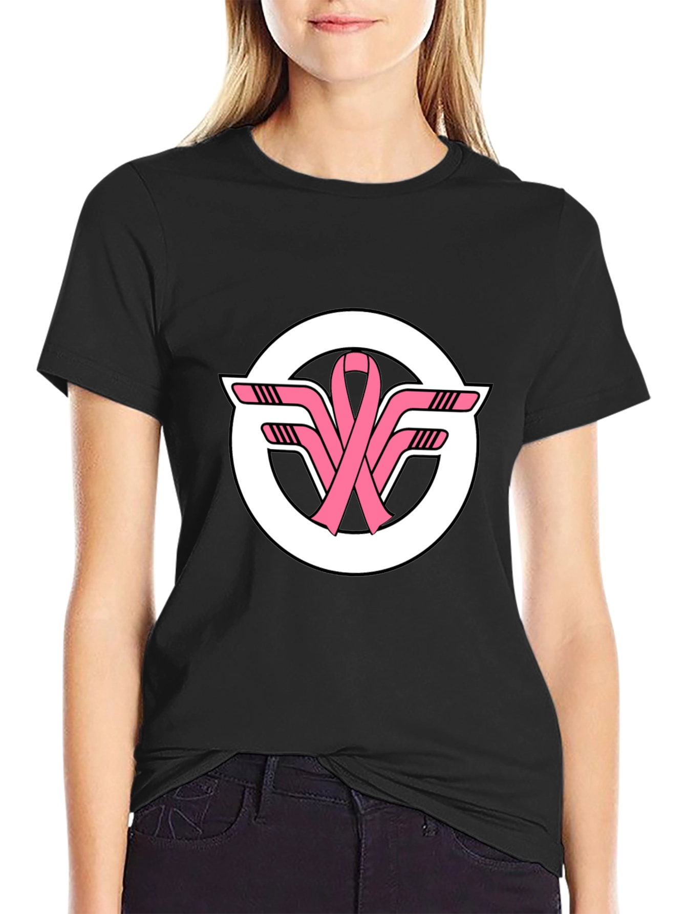 Black T-Shirt with Pink Ribbon Hockey Sticks Logo