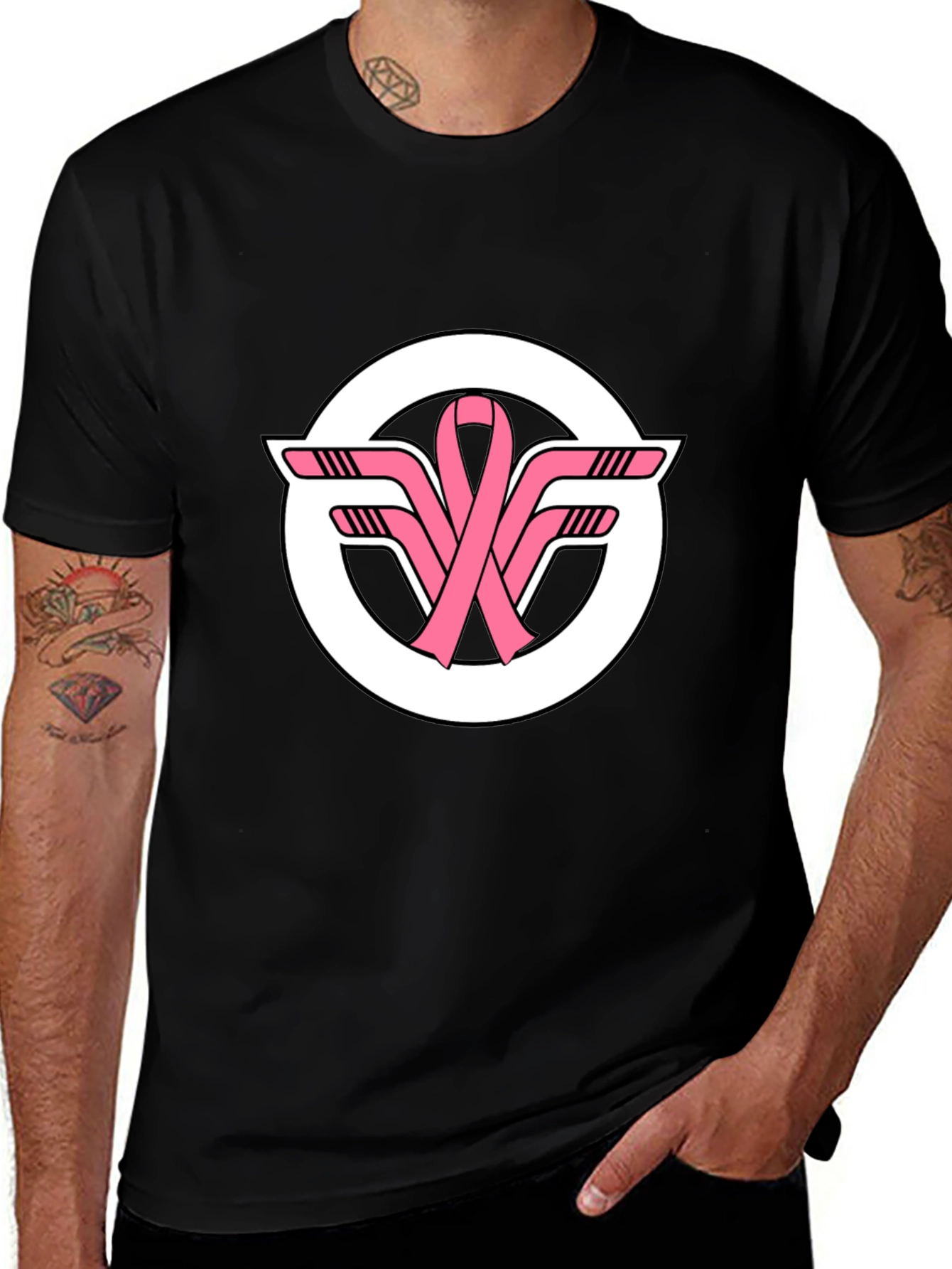 Black T-Shirt with Pink Ribbon Hockey Sticks Logo
