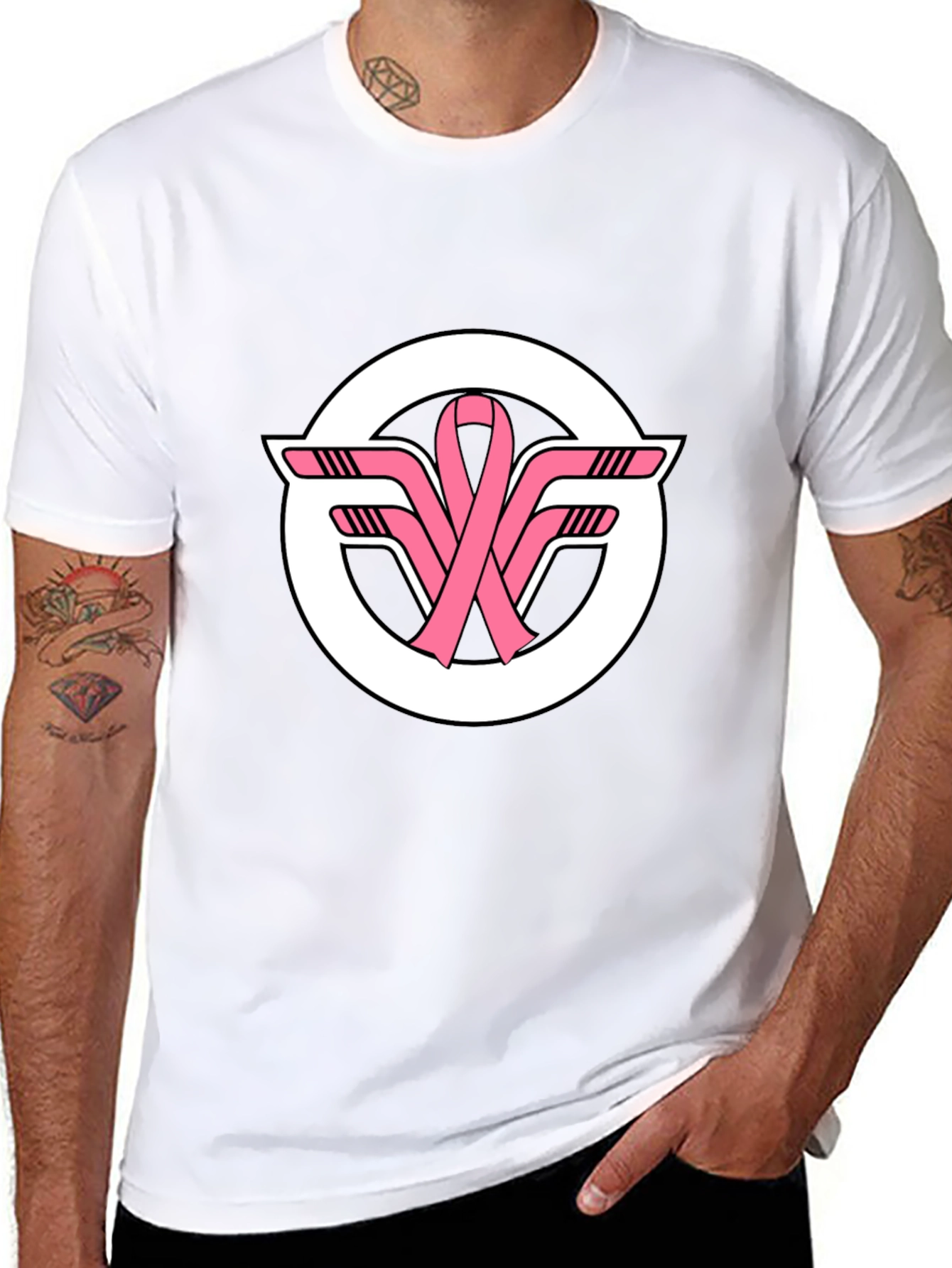 Black T-Shirt with Pink Ribbon Hockey Sticks Logo
