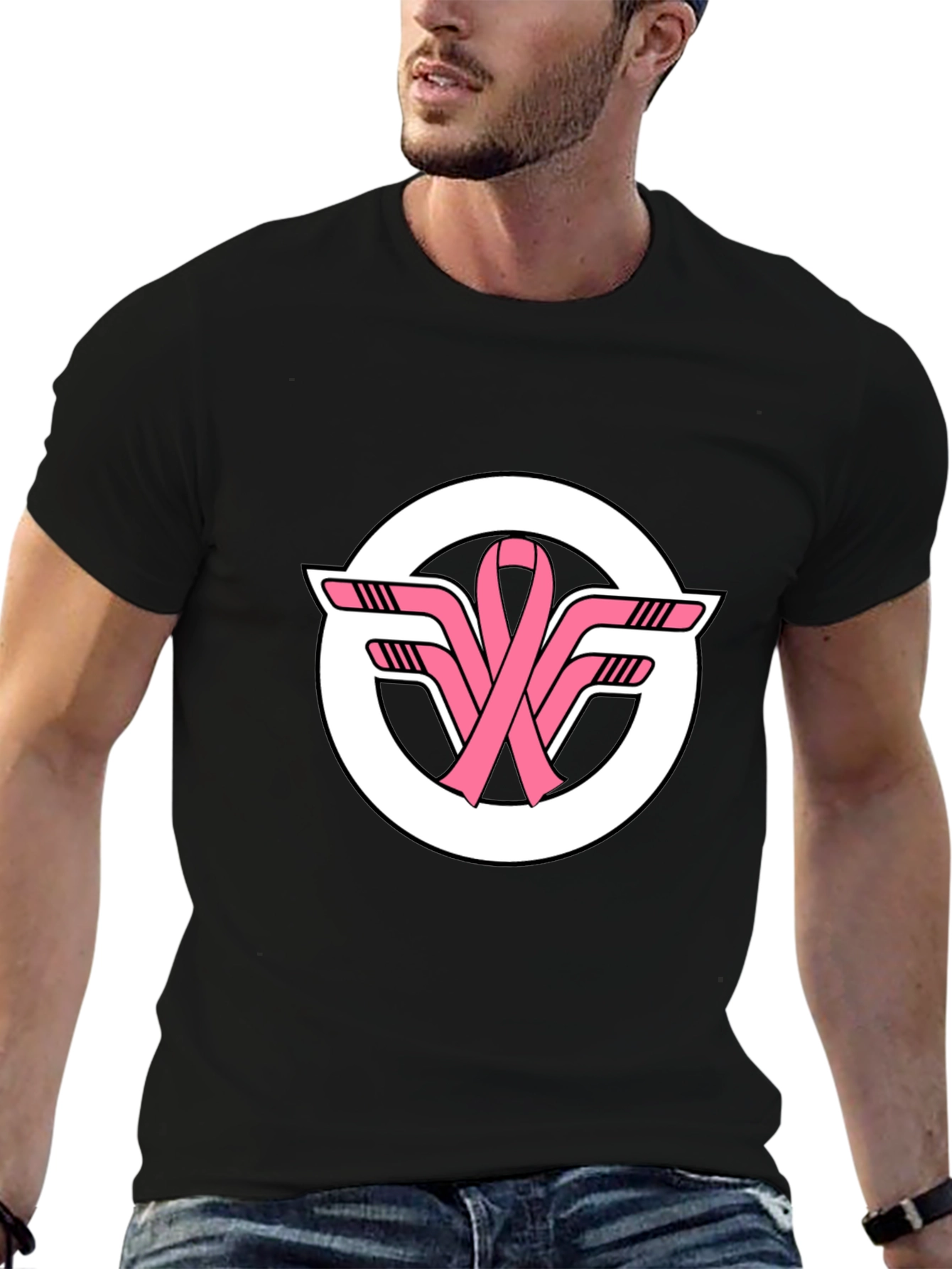 Black T-Shirt with Pink Ribbon Hockey Sticks Logo