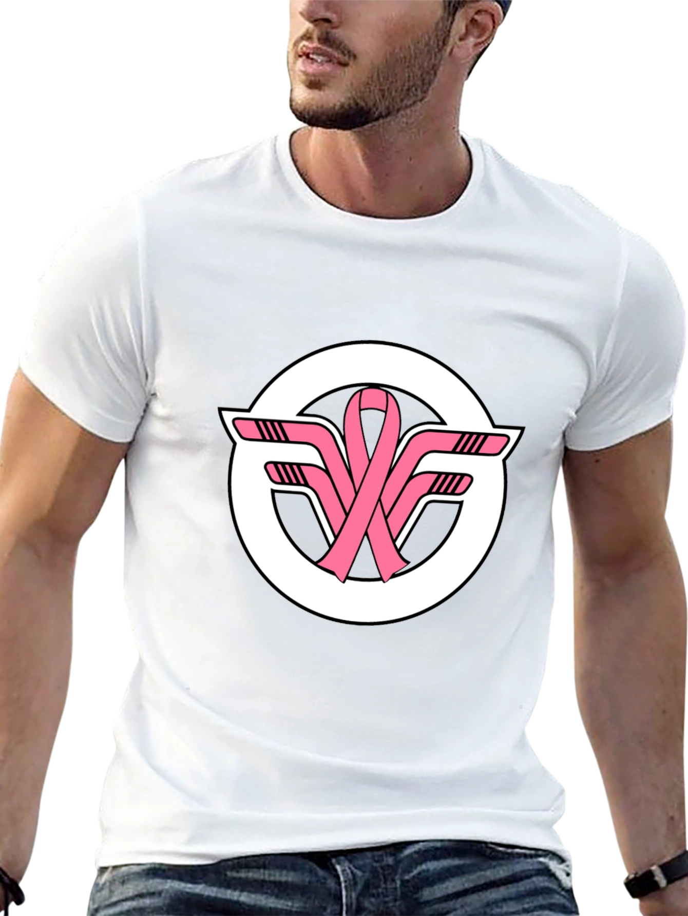 Black T-Shirt with Pink Ribbon Hockey Sticks Logo