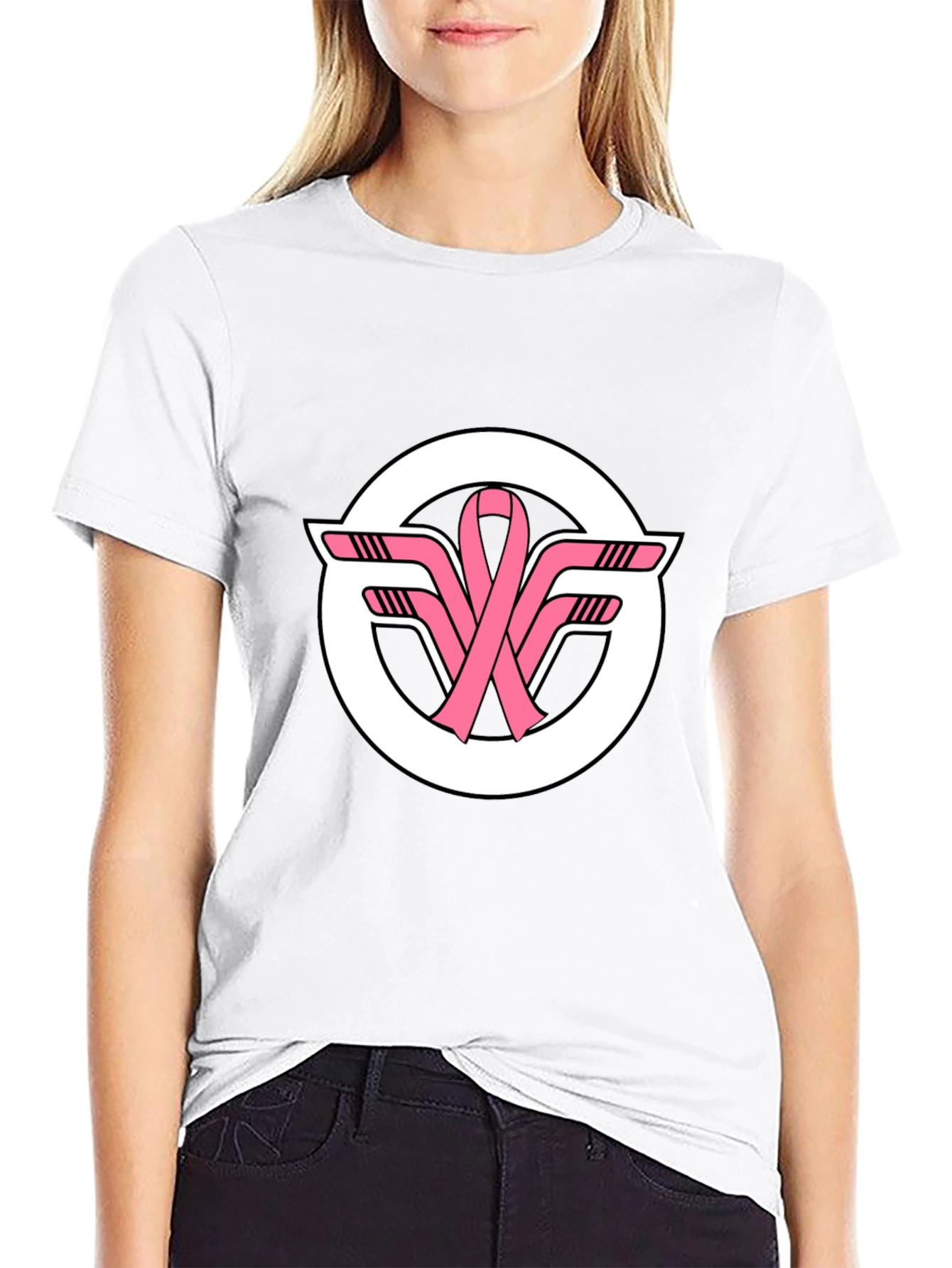 Black T-Shirt with Pink Ribbon Hockey Sticks Logo