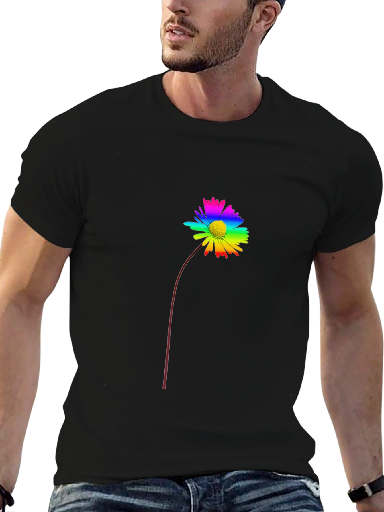 Rainbow Flower Graphic Tee - Black Cotton Casual Shirt