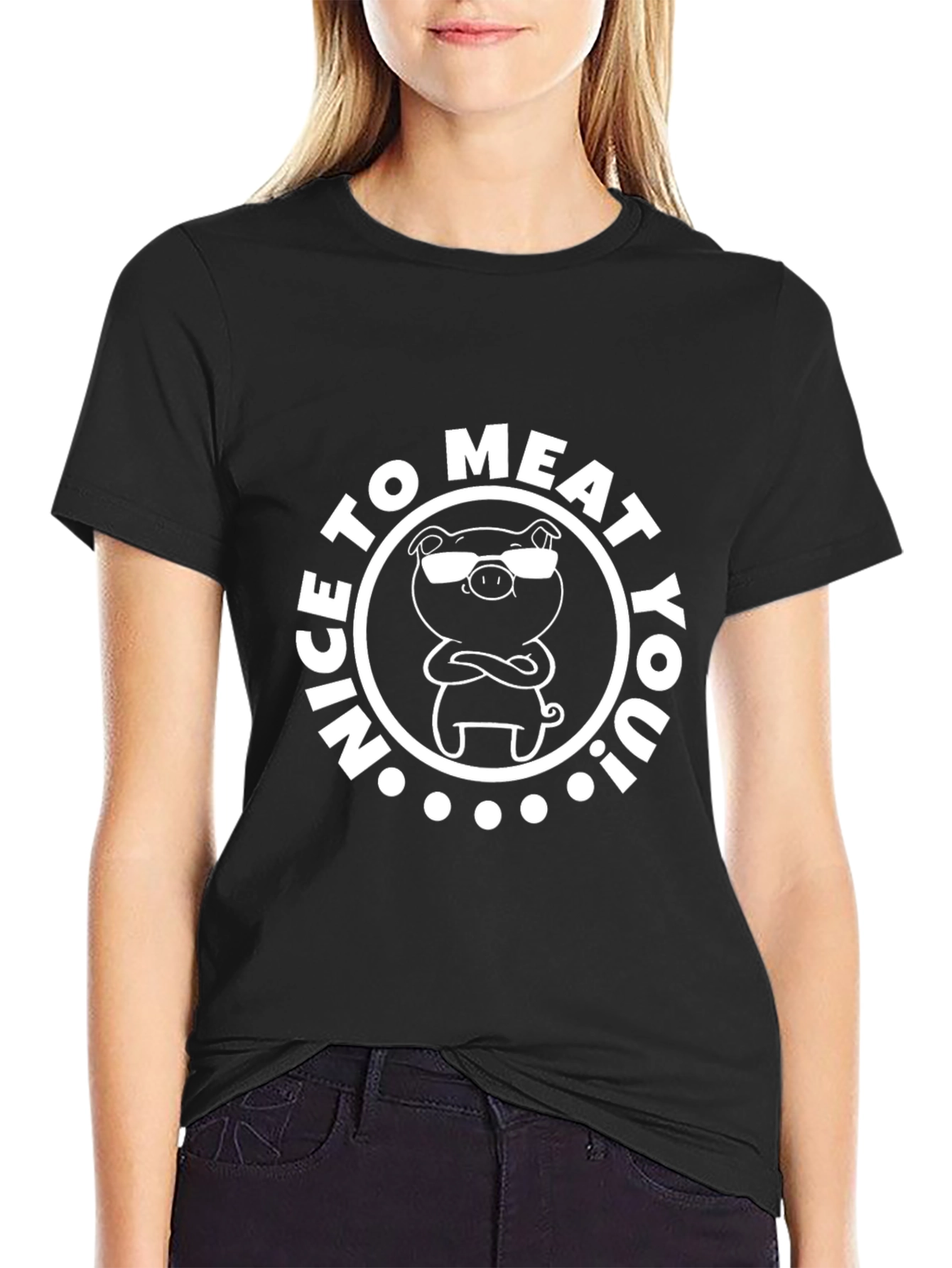 Funny Pig Nice To Meat You T-Shirt - Black