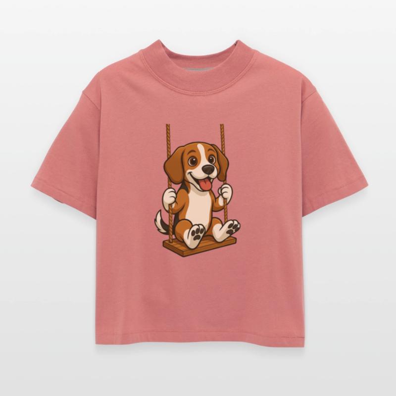 Cheerful beagle dog on swing playground