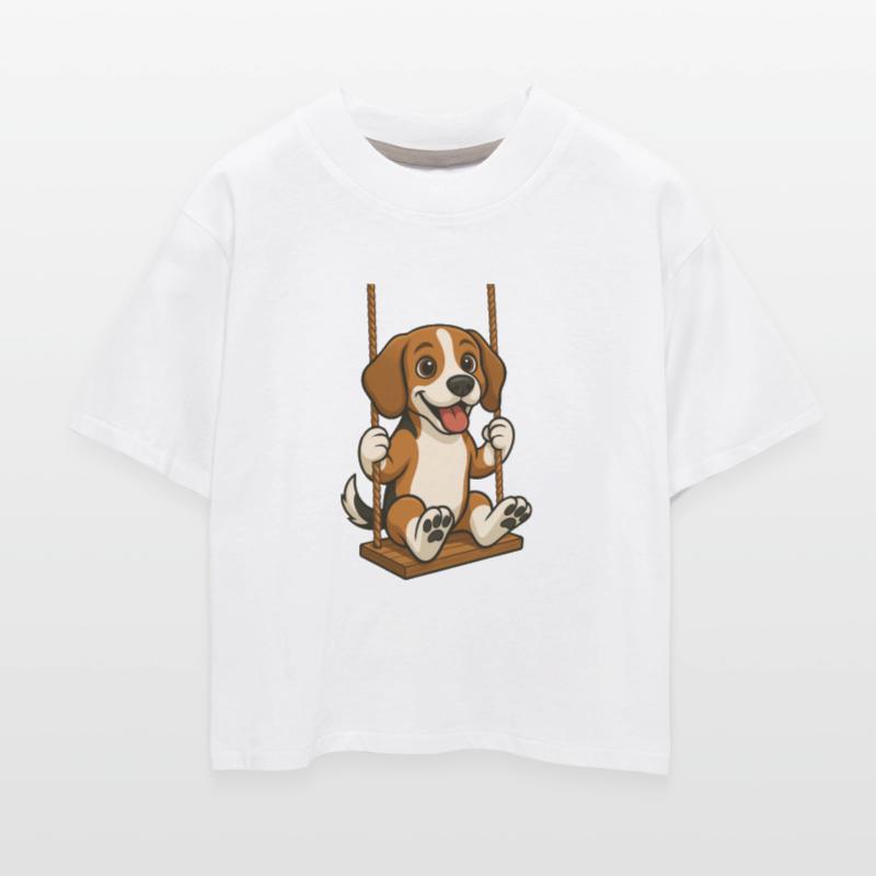 Cheerful beagle dog on swing playground