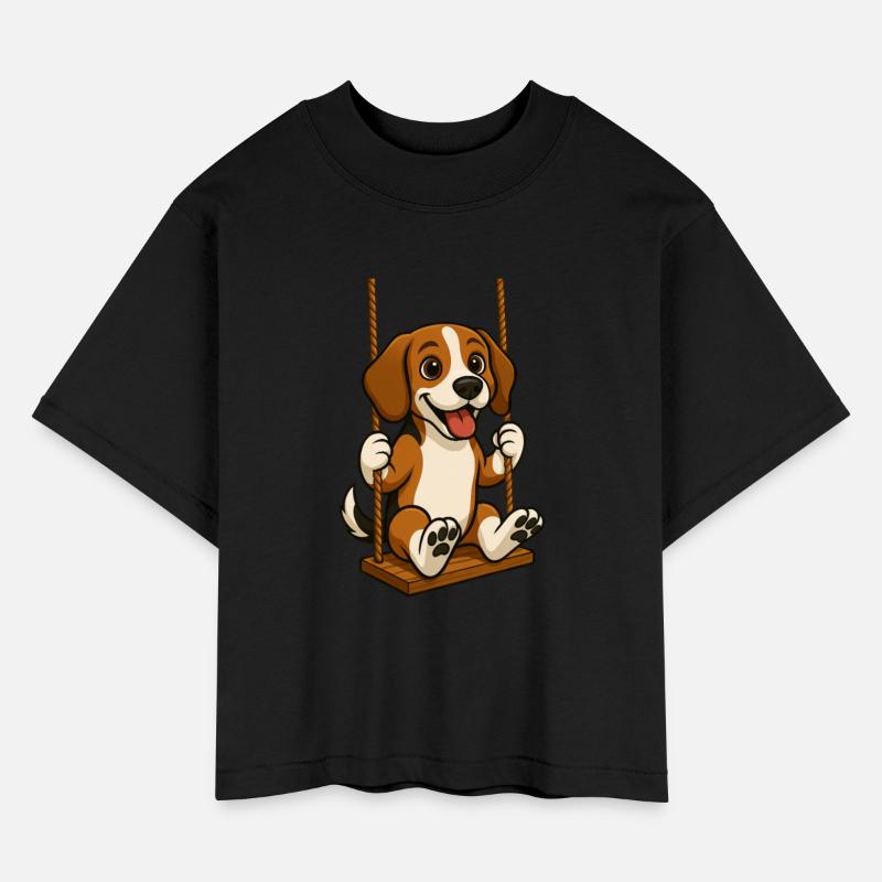Cheerful beagle dog on swing playground