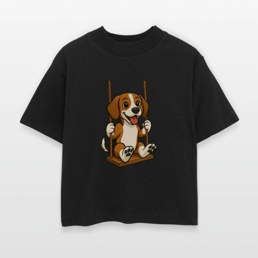 Cheerful beagle dog on swing playground