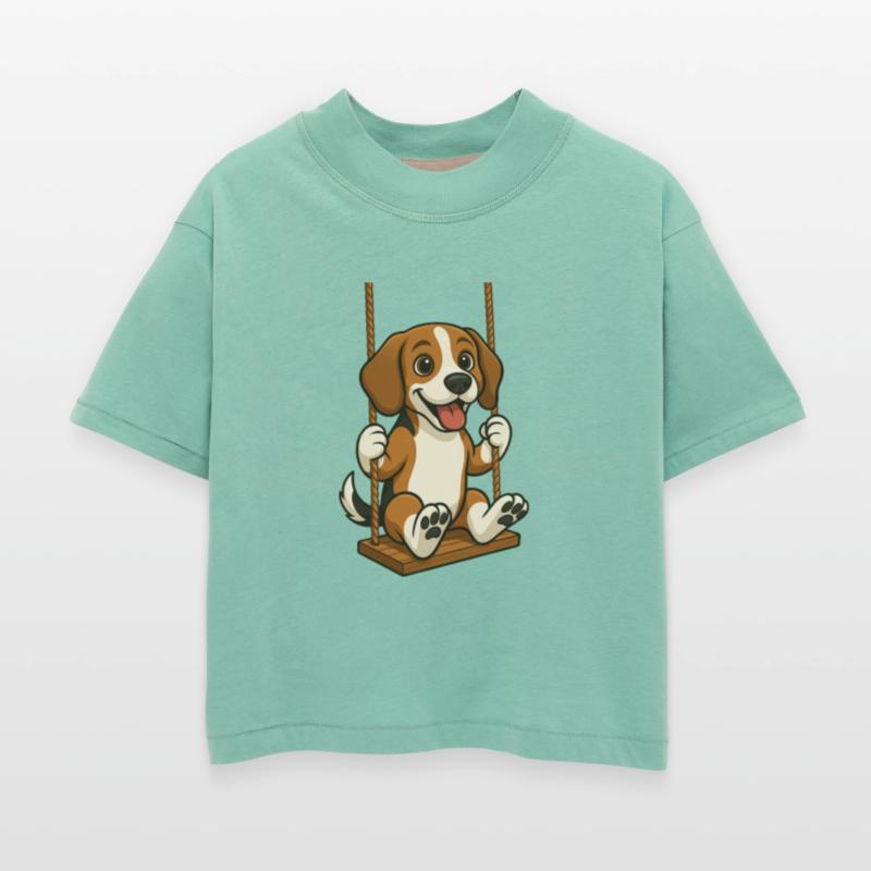 Cheerful beagle dog on swing playground