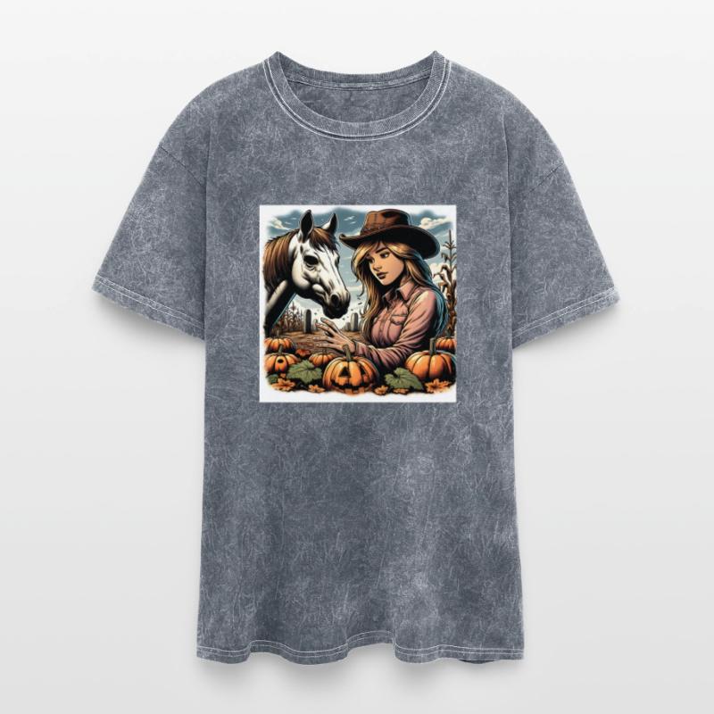 Cowgirl and Horse in Autumn Pumpkin Patch