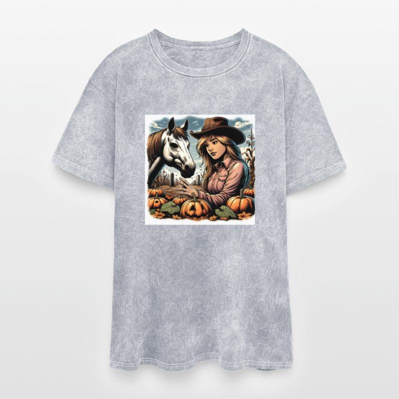 Cowgirl and Horse in Autumn Pumpkin Patch