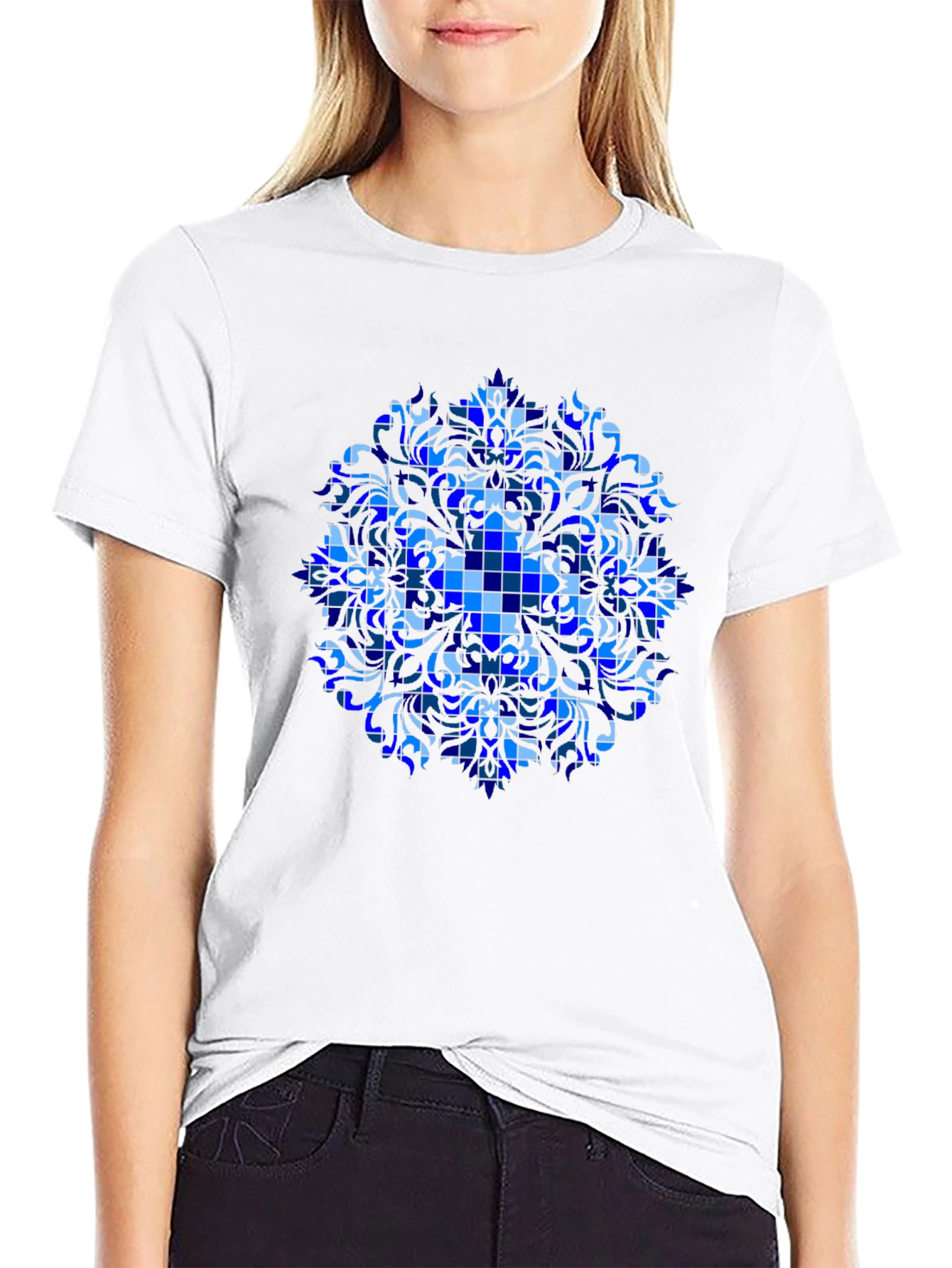Blue Geometric Mandala Graphic T-Shirt