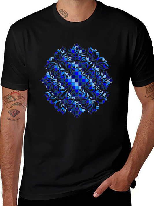 Blue Geometric Mandala Graphic T-Shirt