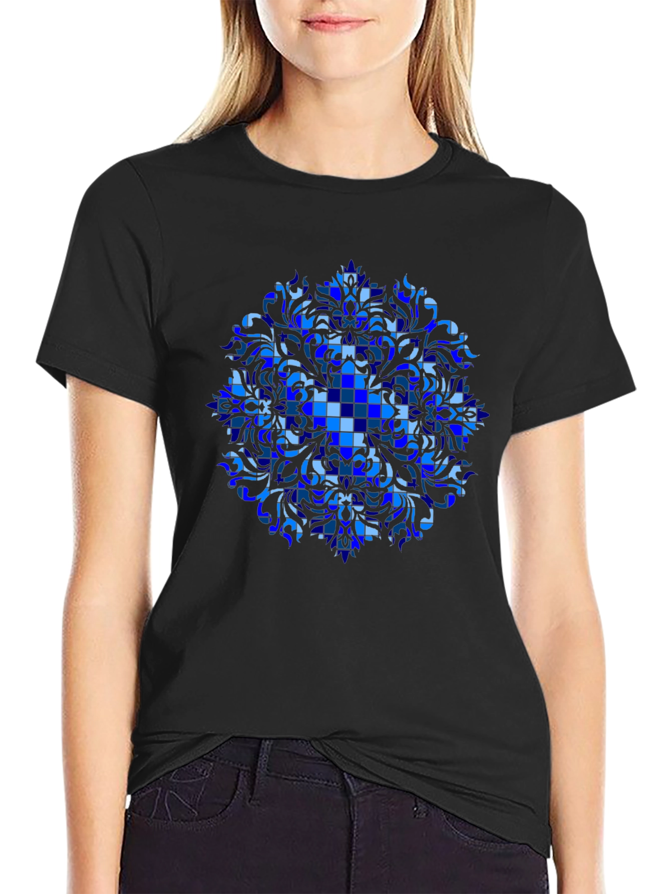 Blue Geometric Mandala Graphic T-Shirt