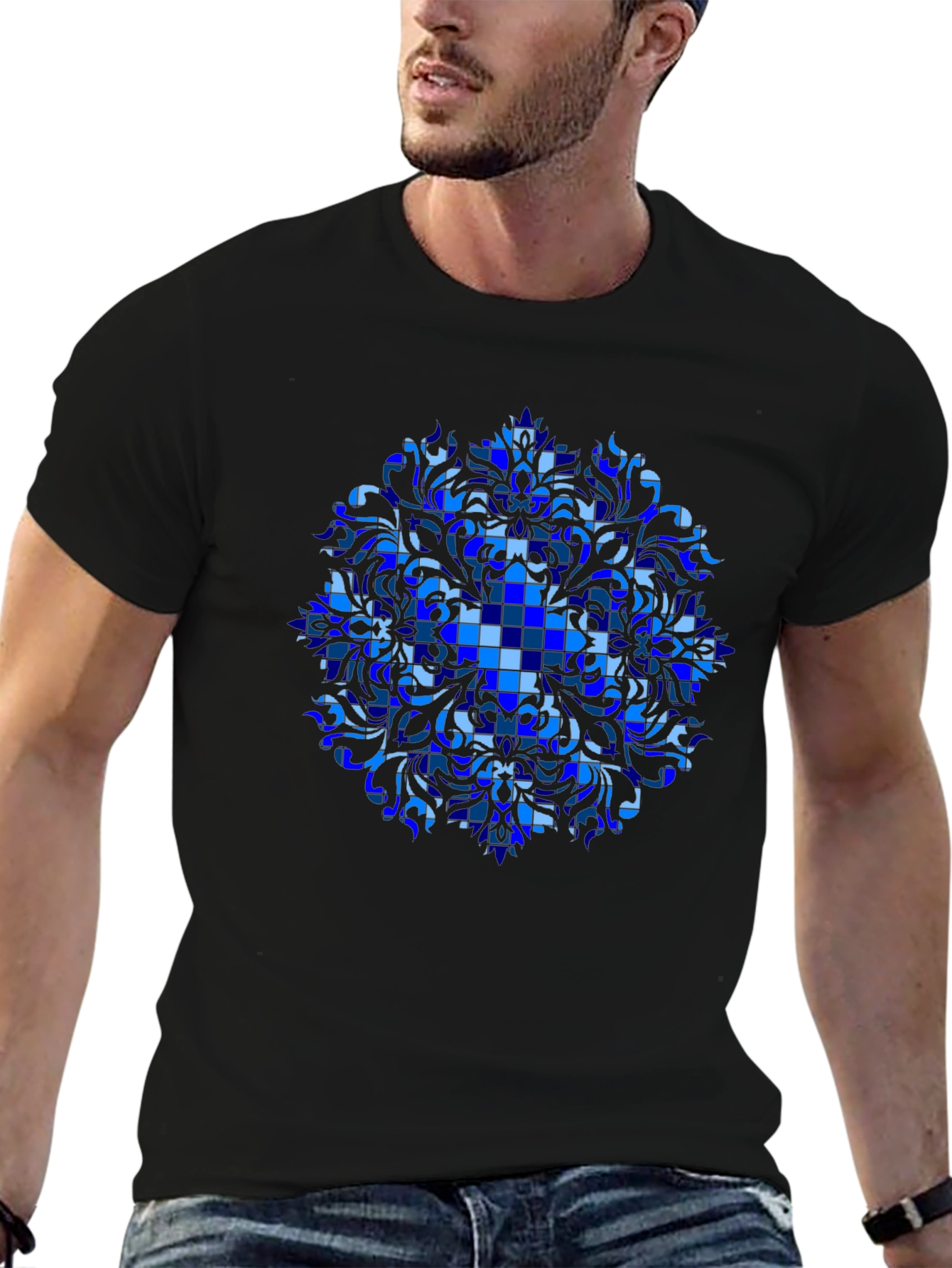 Blue Geometric Mandala Graphic T-Shirt
