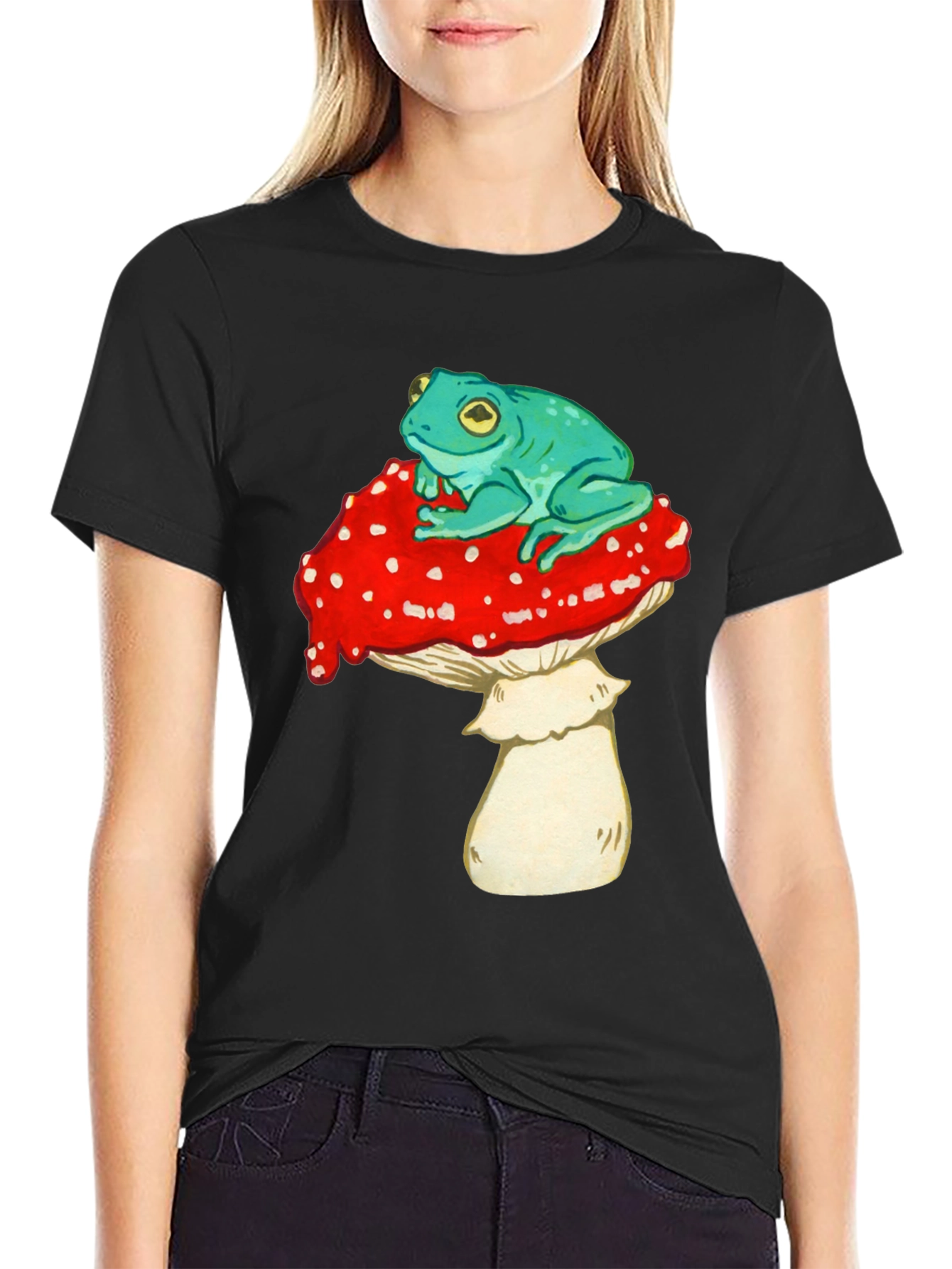 Frog on Mushroom Graphic Tee - Black T-Shirt