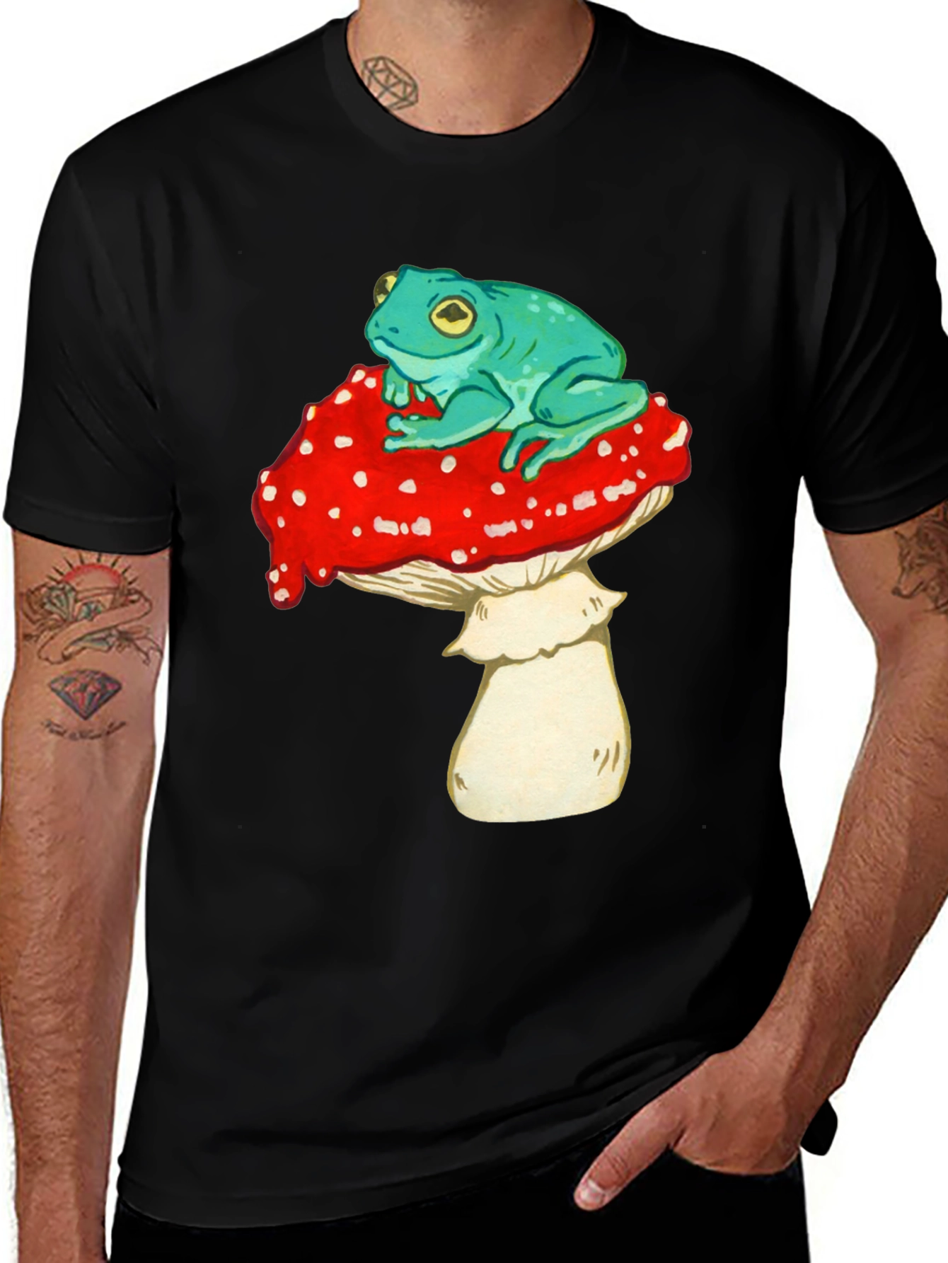 Frog on Mushroom Graphic Tee - Black T-Shirt