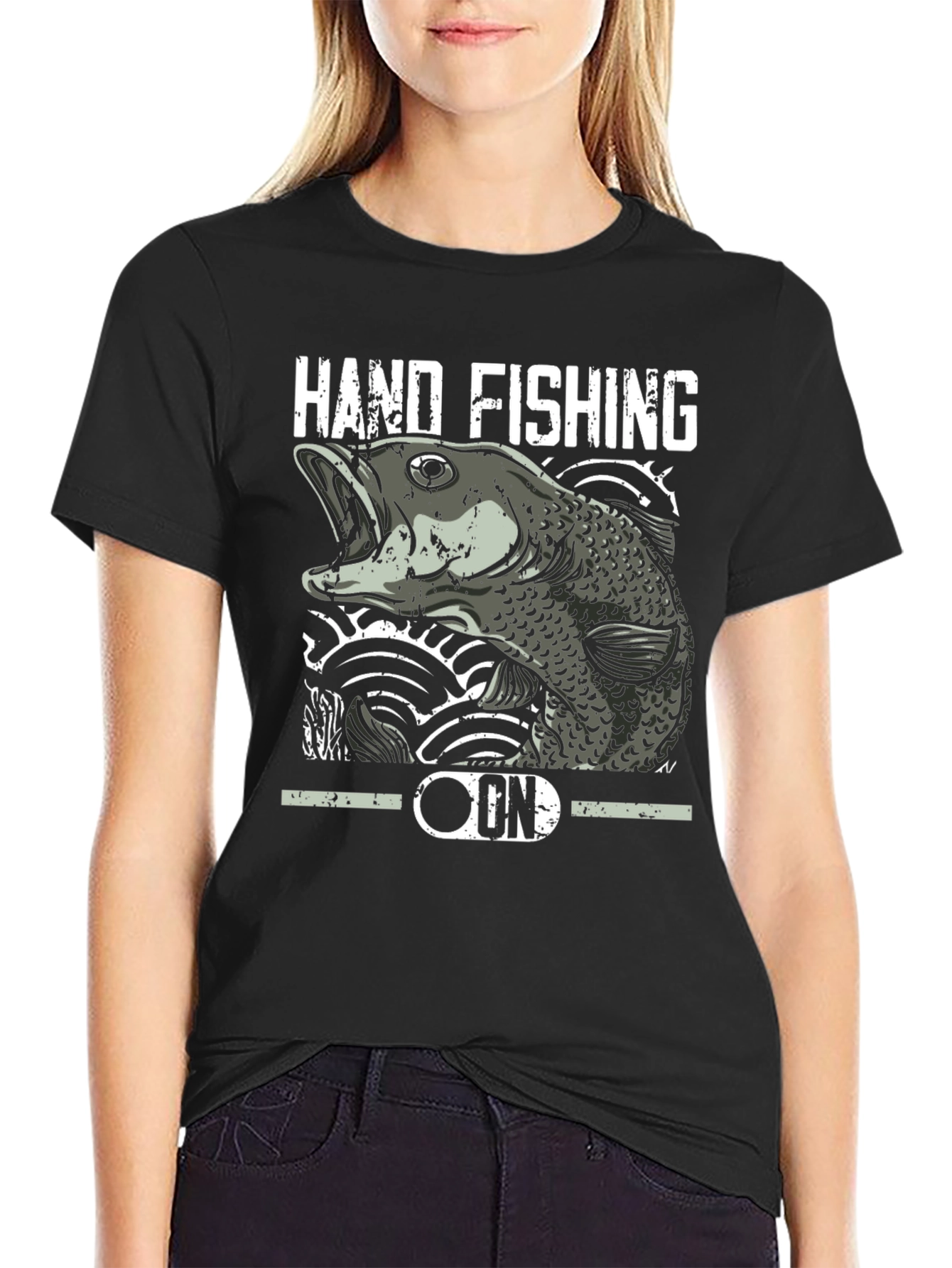 Hand Fishing Graphic Tee - Black Cotton T-Shirt