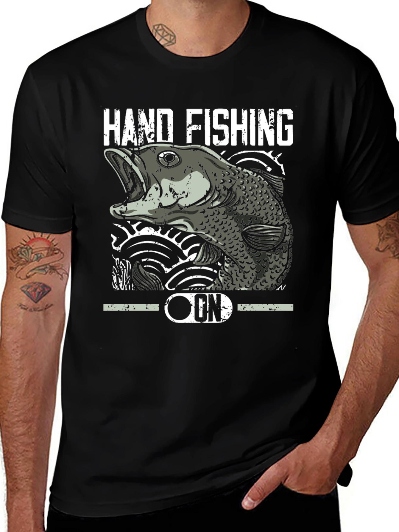Hand Fishing Graphic Tee - Black Cotton T-Shirt