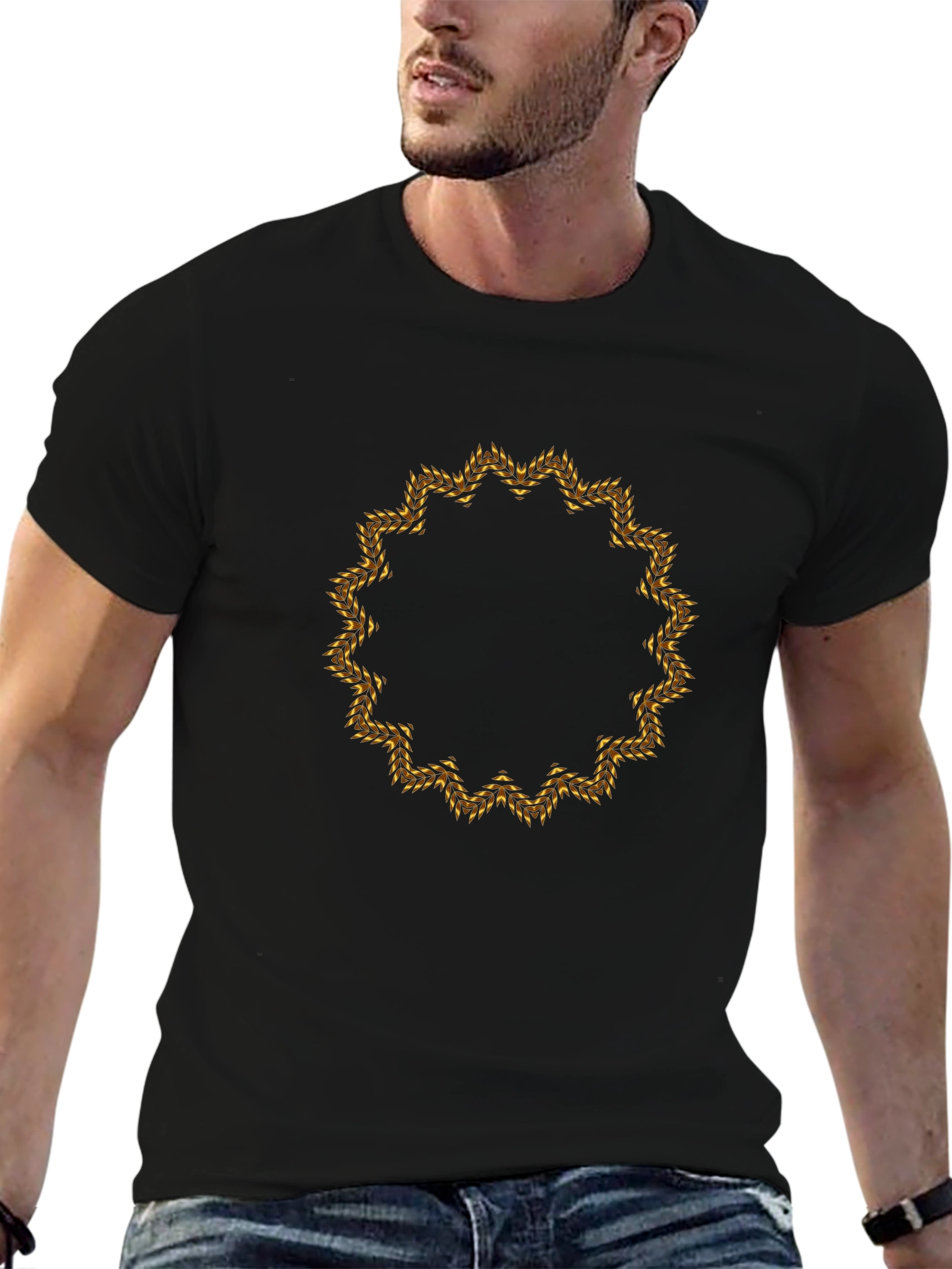 Mens Black Tee with Golden Floral Mandala
