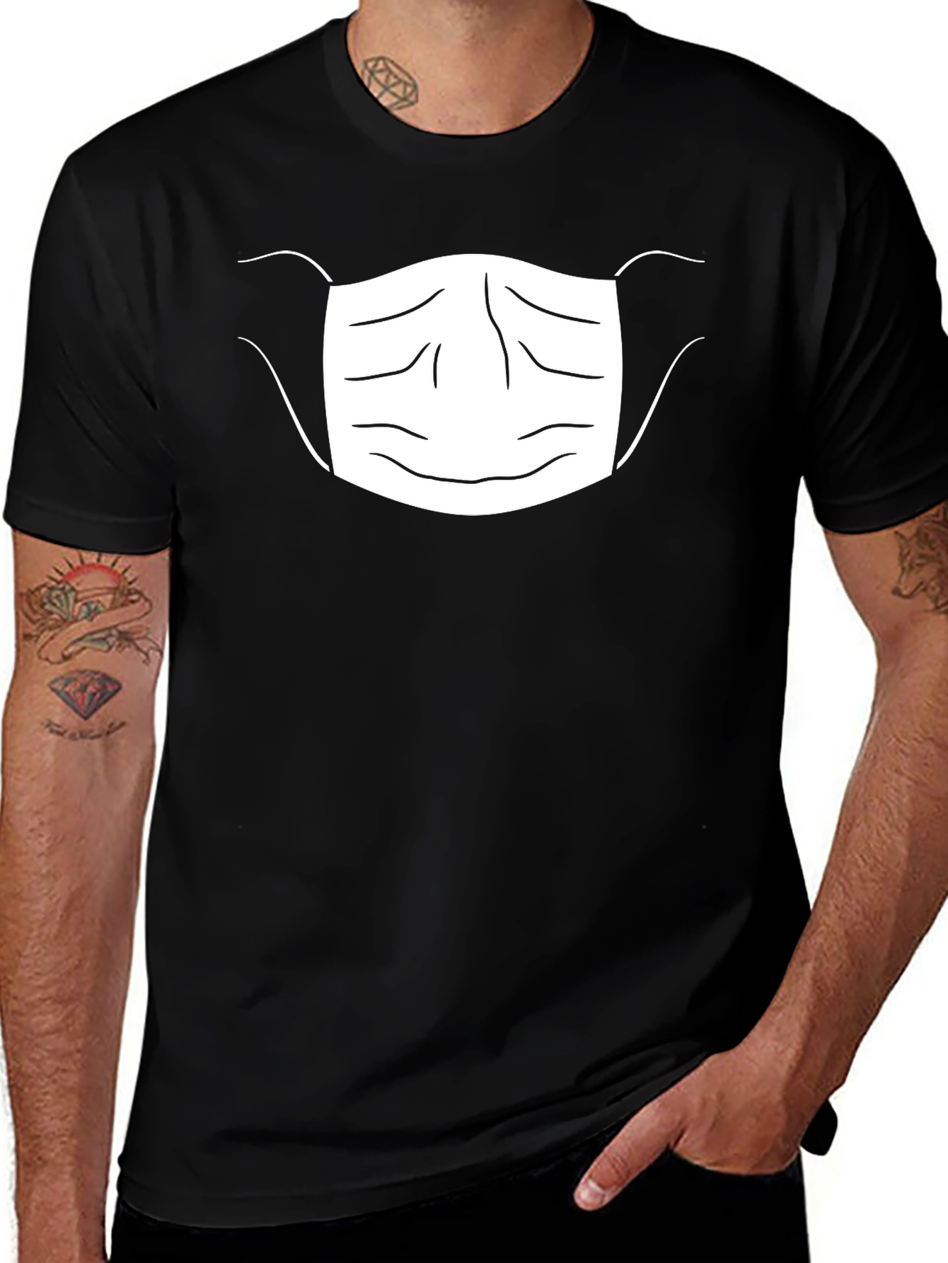 Masked Face Graphic Tee - Black Cotton Blend T-Shirt