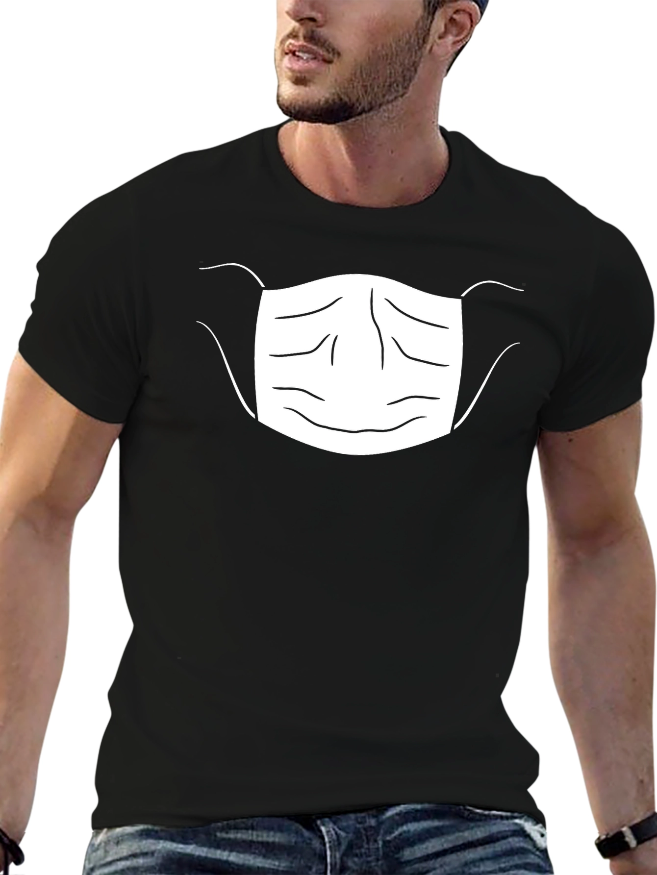 Masked Face Graphic Tee - Black Cotton Blend T-Shirt