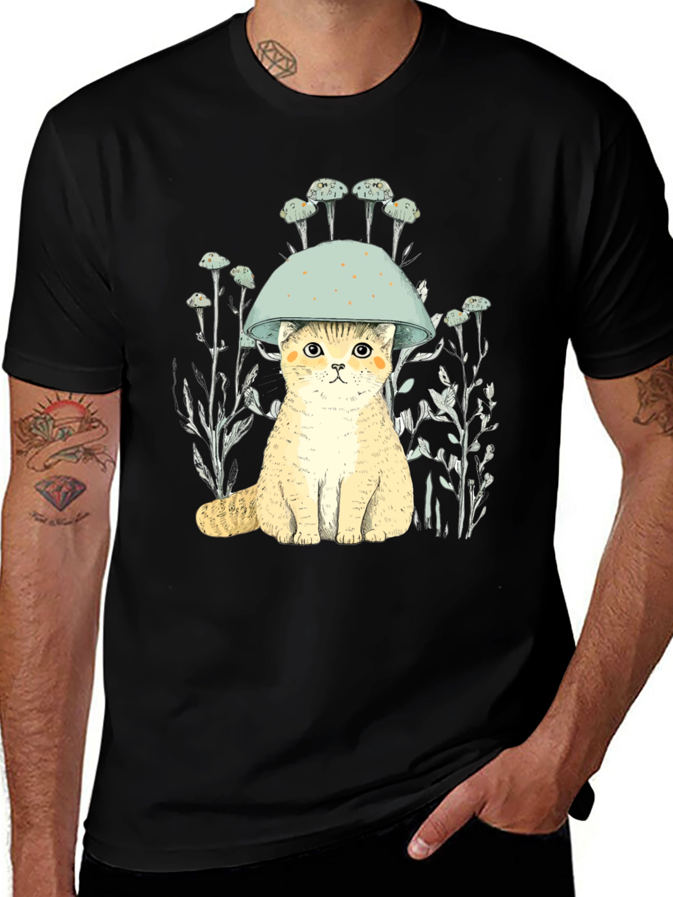 Cat in Mushroom Hat Black T-Shirt