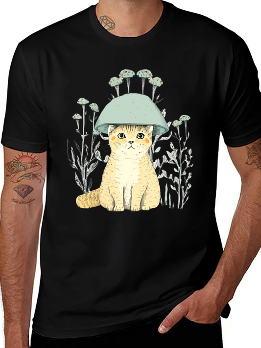 Cat in Mushroom Hat Black T-Shirt