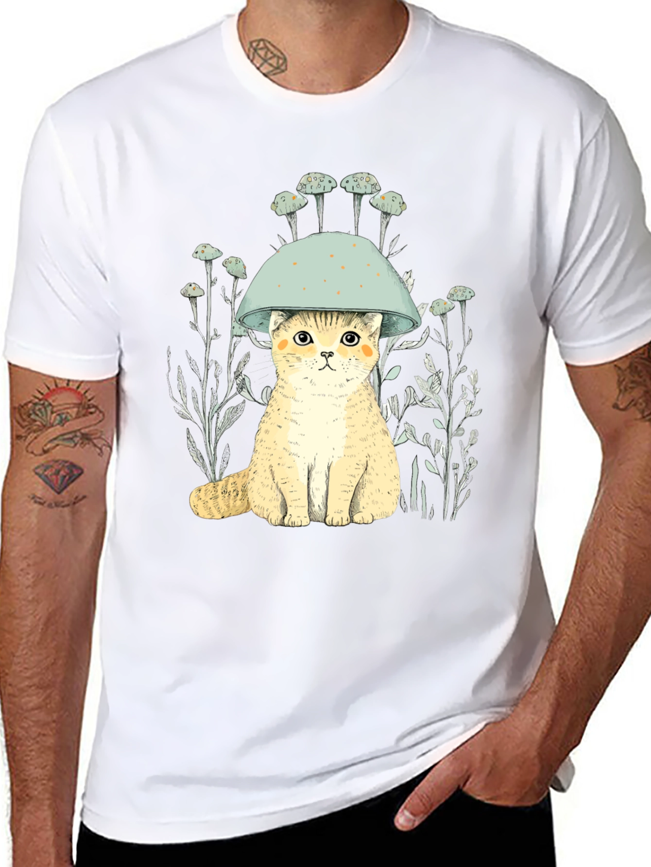 Cat in Mushroom Hat Black T-Shirt