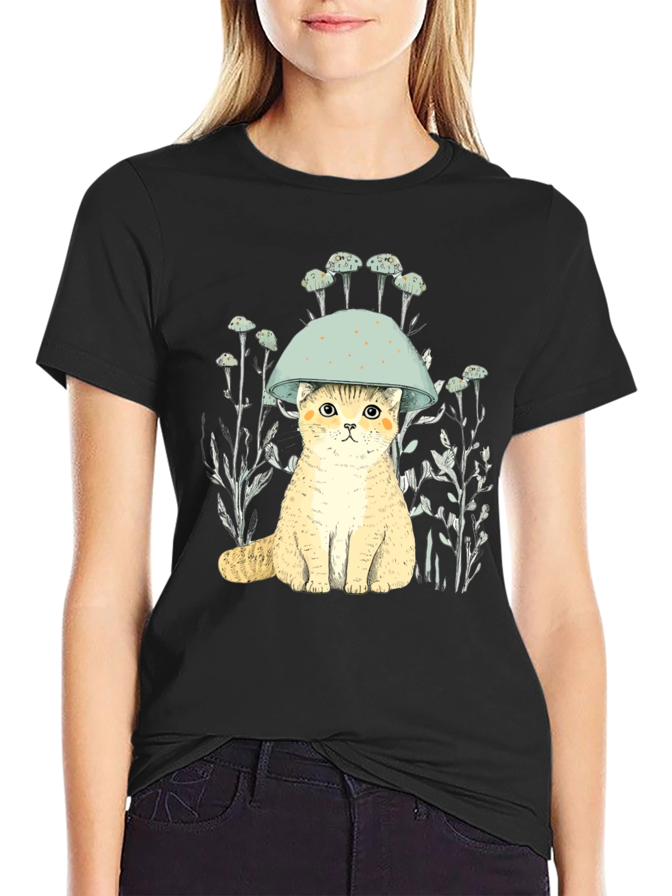 Cat in Mushroom Hat Black T-Shirt