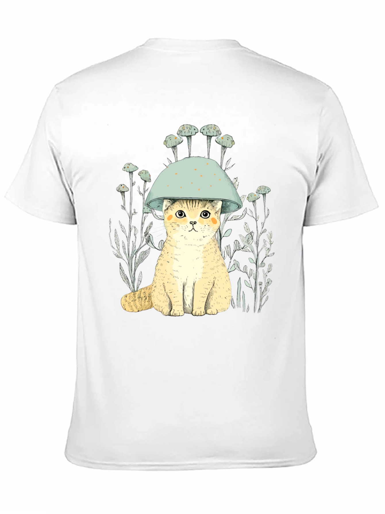 Cat in Mushroom Hat Black T-Shirt
