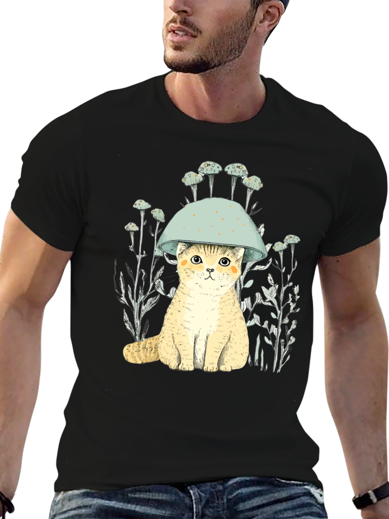 Cat in Mushroom Hat Black T-Shirt