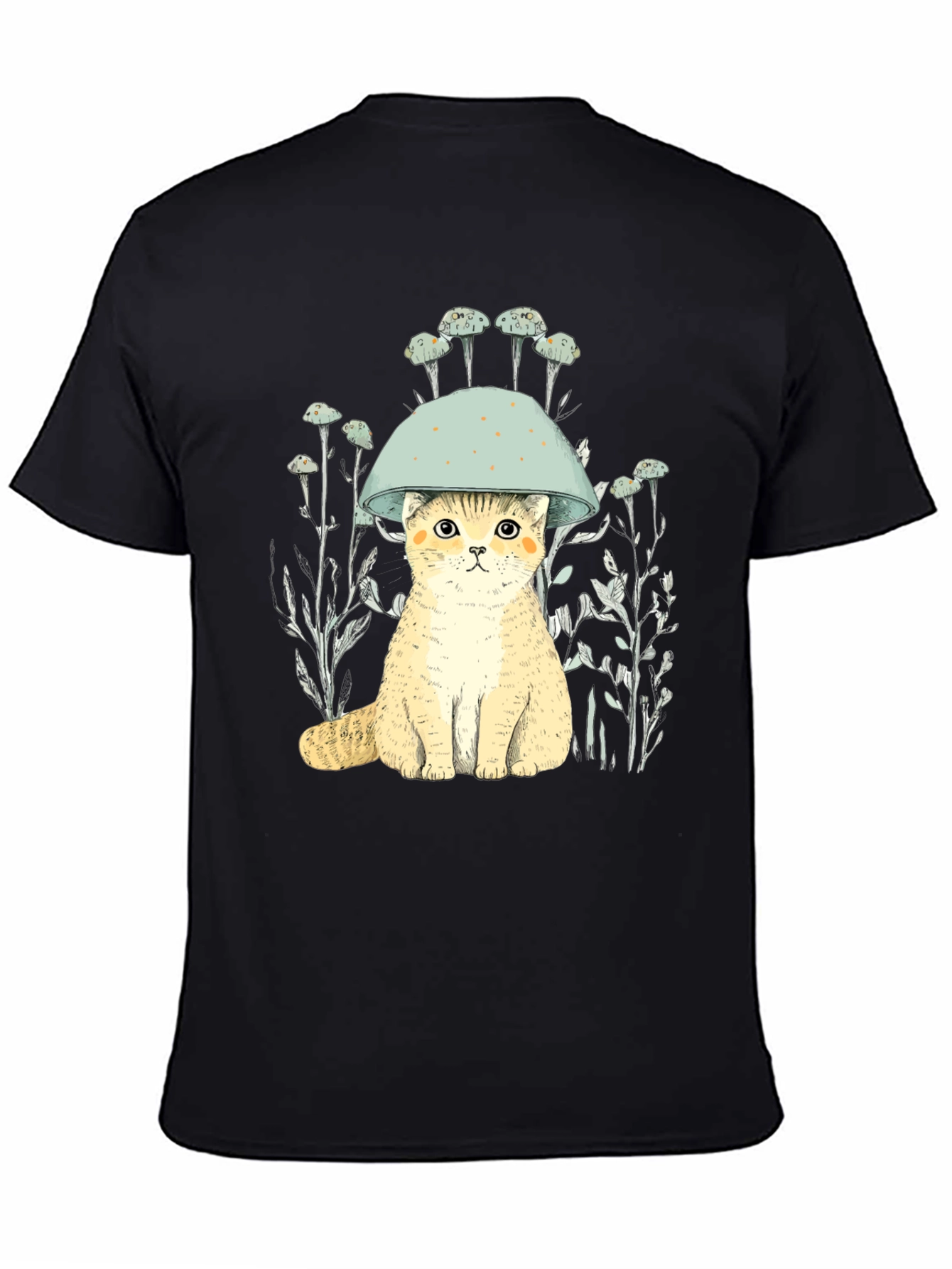 Cat in Mushroom Hat Black T-Shirt