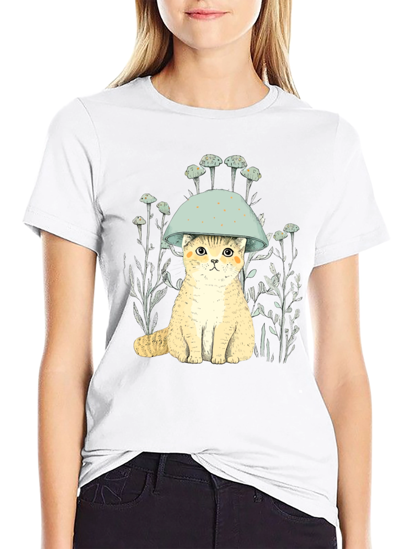Cat in Mushroom Hat Black T-Shirt