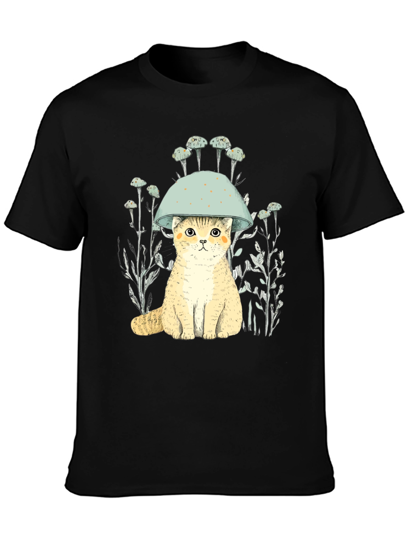 Cat in Mushroom Hat Black T-Shirt